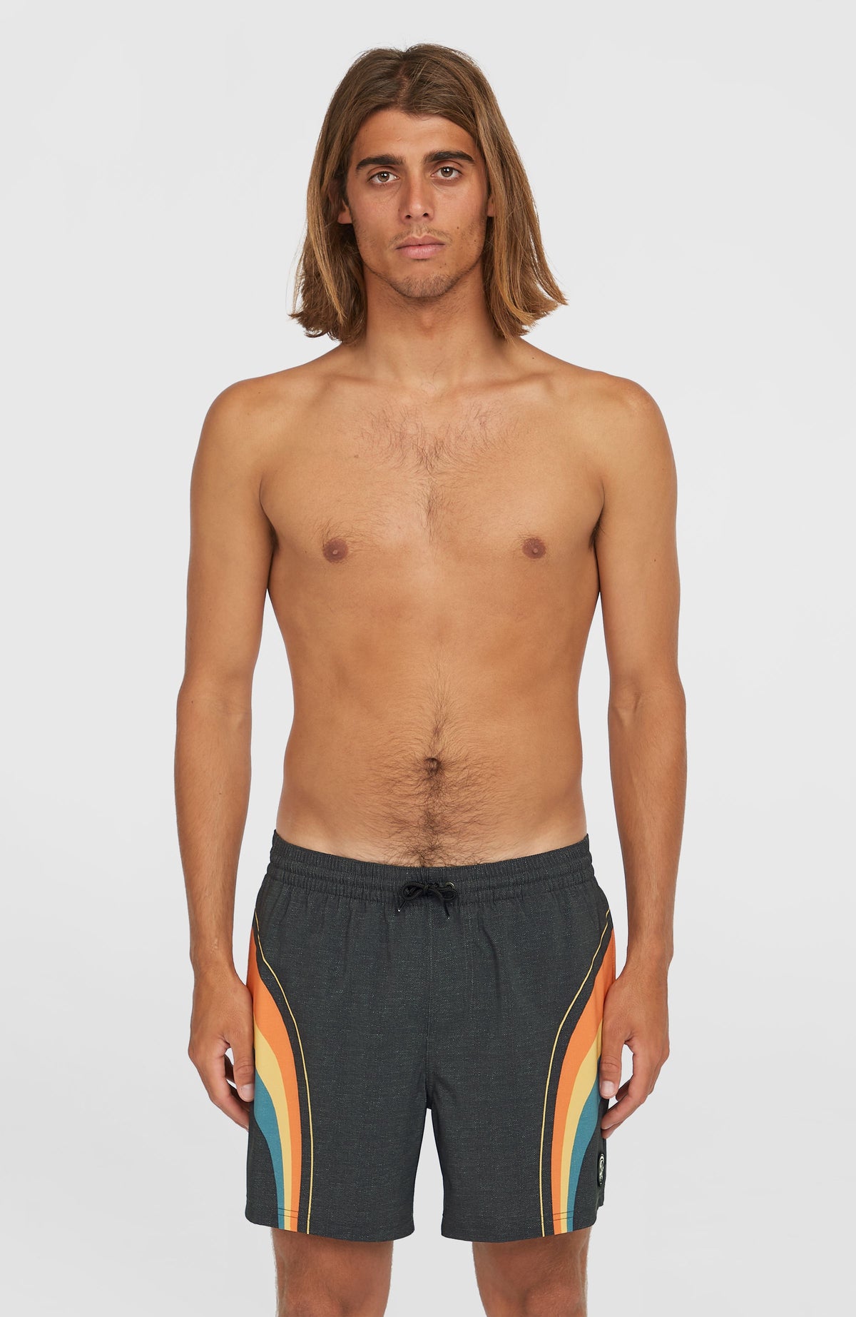 O'Neill O'Riginals Longboard 15'' Badehose für Herren, schwarz mit Streifenmuster in Orange und Blau, am Model
