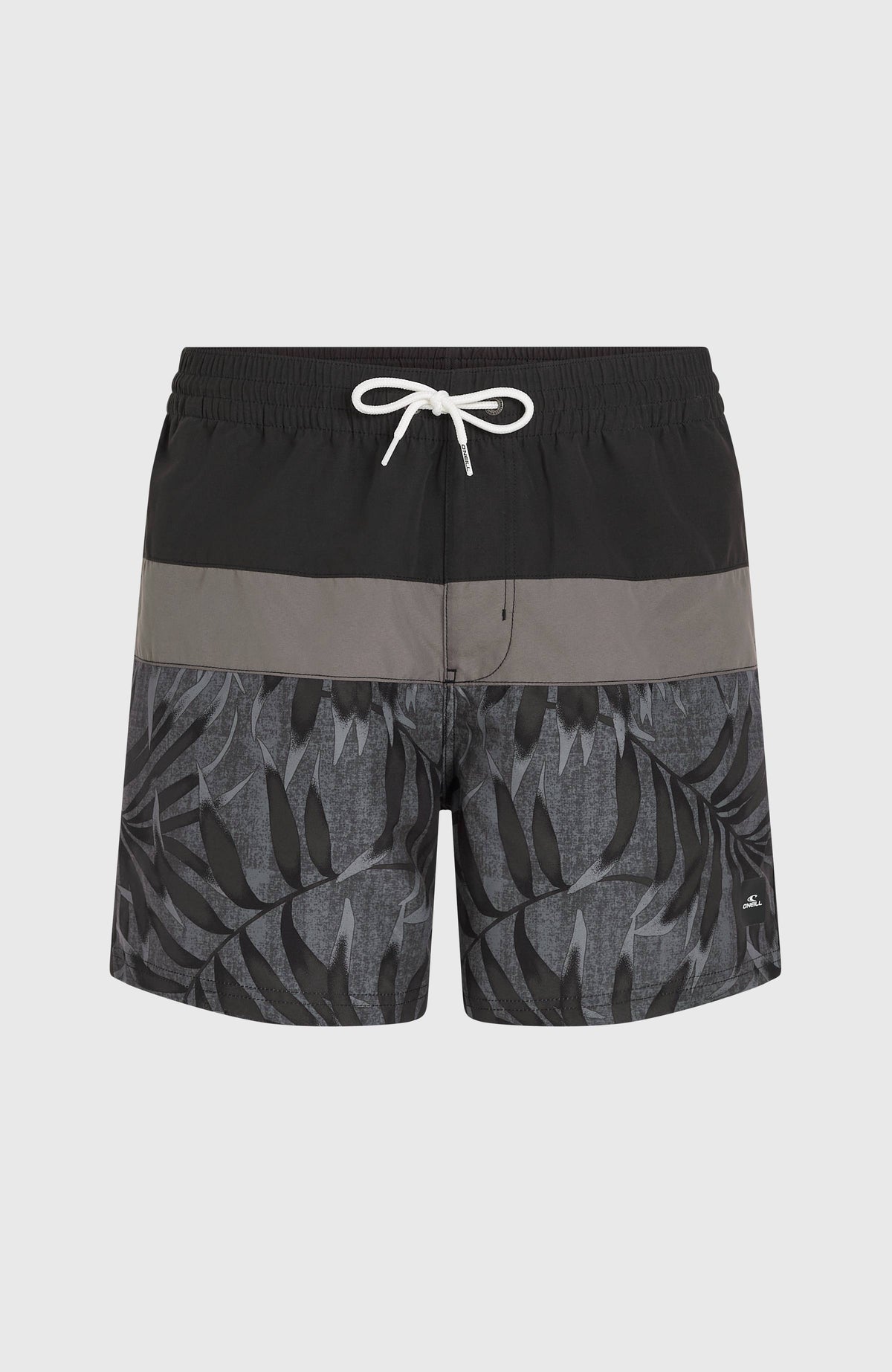 Cali Block 15'' Badehose für Herren, schwarz mit Blättermuster in Grau, flach liegend von vorne