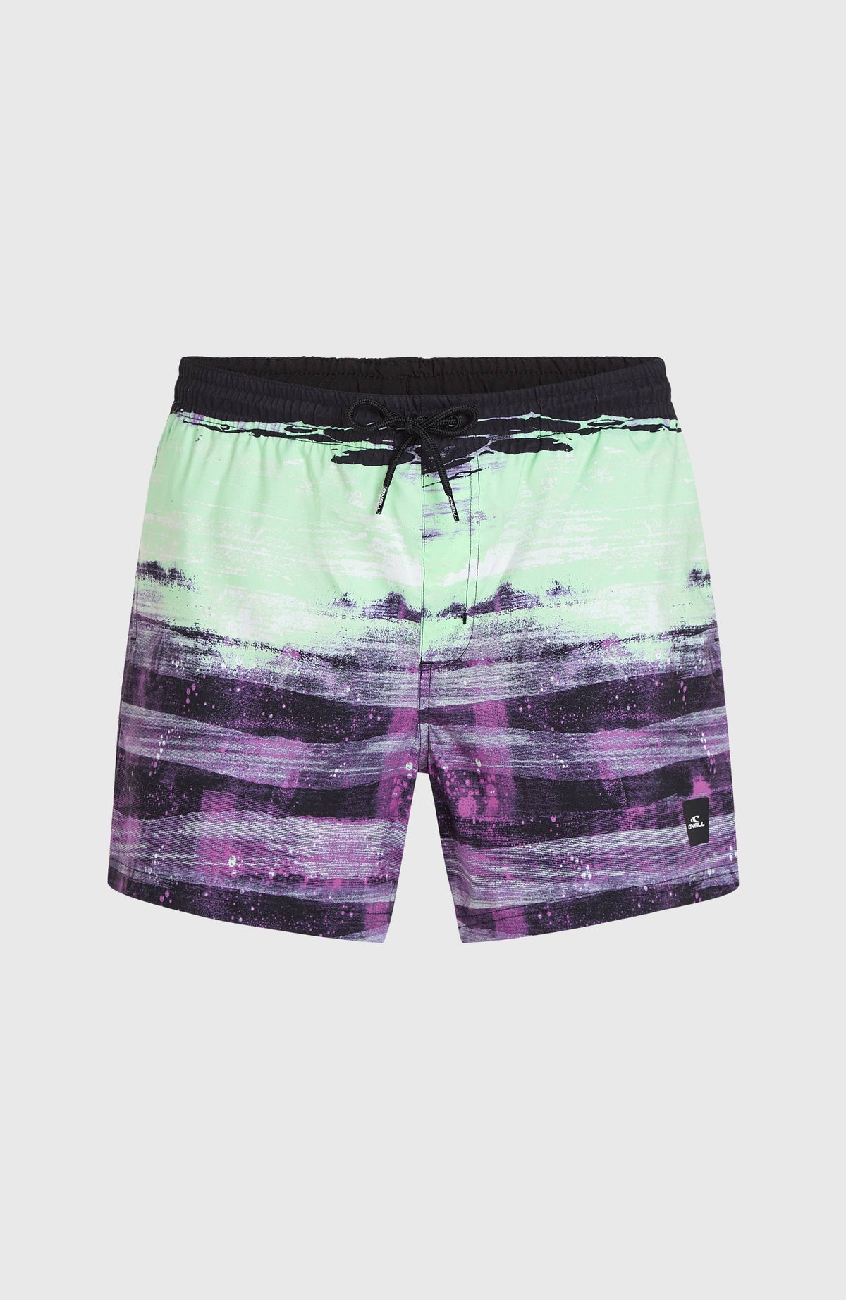 Cali Gradient 15'' Badehose, lila mit Farbverlauf in Grün und Schwarz, flach liegend von vorne mit Kordelzug