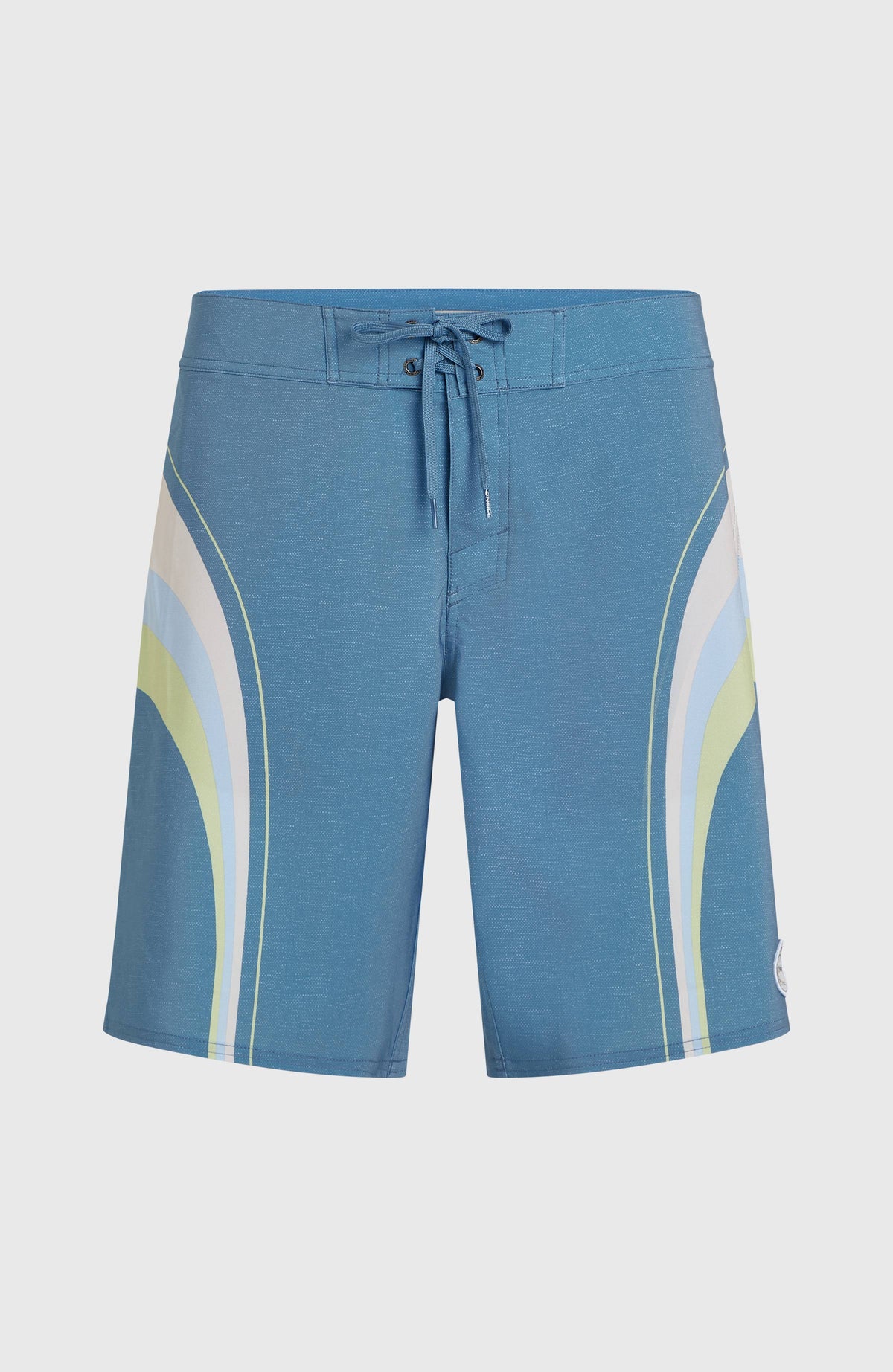 O'Riginals Longboard 19'' Boardshorts für Herren, blau mit Streifenmuster in Weiß und Grün, freigestellt von vorne