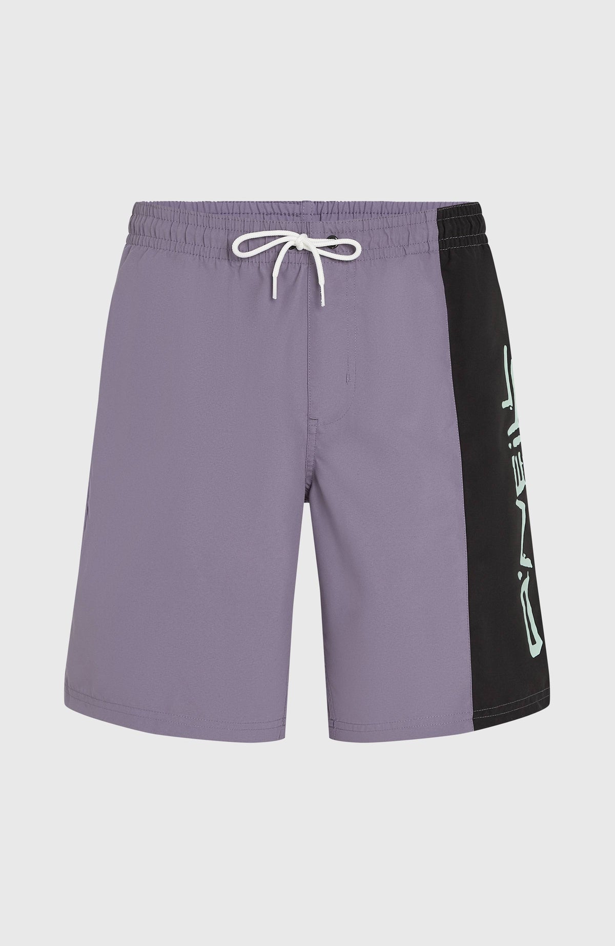 Retro 19'' Badehose für Herren, lila mit Logo-Print in Mintgrün, flach liegend von vorne mit Kordelzug