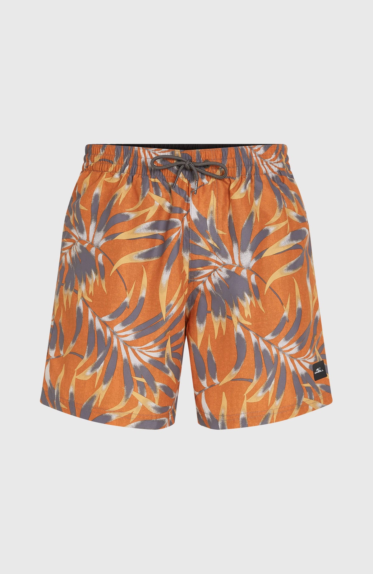 Cali Floral 16'' Badehose für Herren, orange mit Blättermuster in Grau, freigestellt von vorne mit Kordelzug