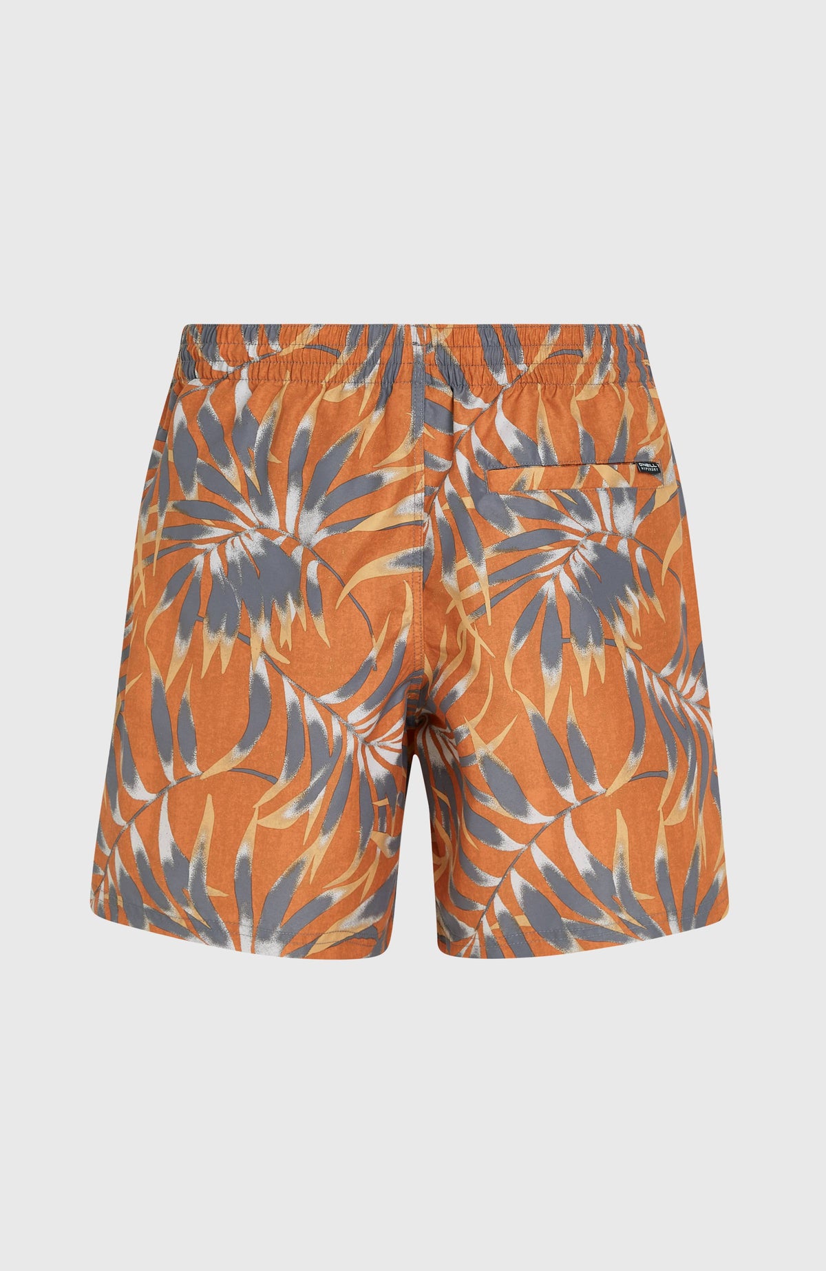 Cali Floral 16'' Badehose für Herren, orange mit Blättermuster in Grau, freigestellt von hinten mit Gesäßtasche