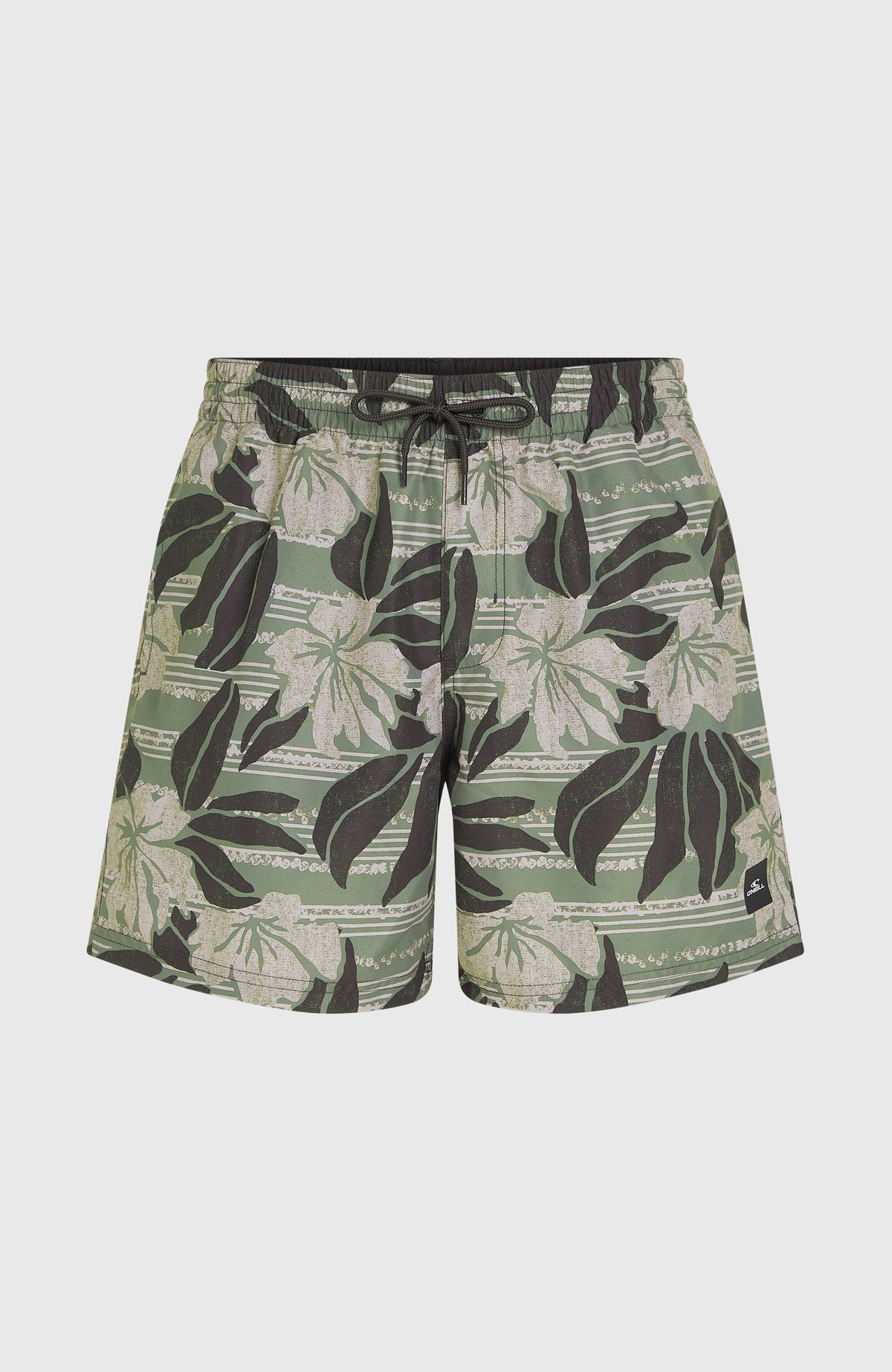 Cali Floral 16'' Badehose für Herren, grün mit Blumenmuster in Weiß und Schwarz, freigestellt von vorne, Bund mit Kordelzug