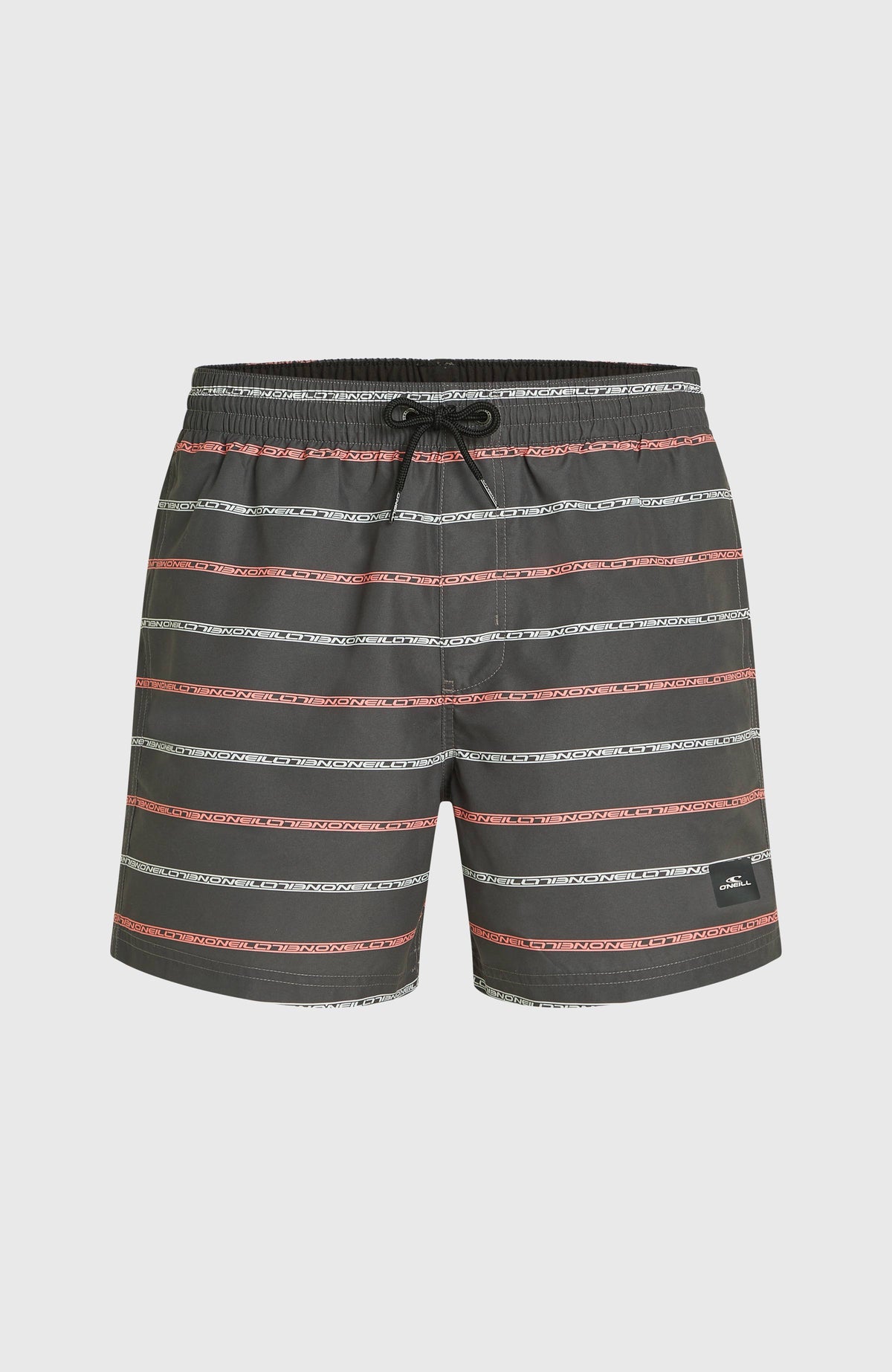 Graue Cali First 15'' Badehose für Herren mit Streifenmuster in Weiß und Rosa, flach liegend von vorne