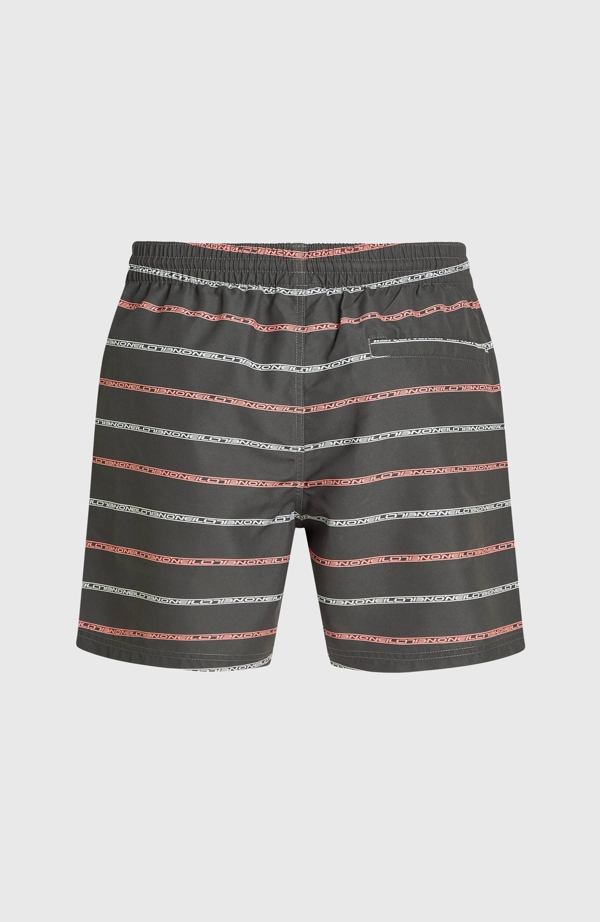 Graue Cali First 15'' Badehose mit Streifenmuster in Weiß und Rosa, flach liegend von hinten, Gesäßtasche