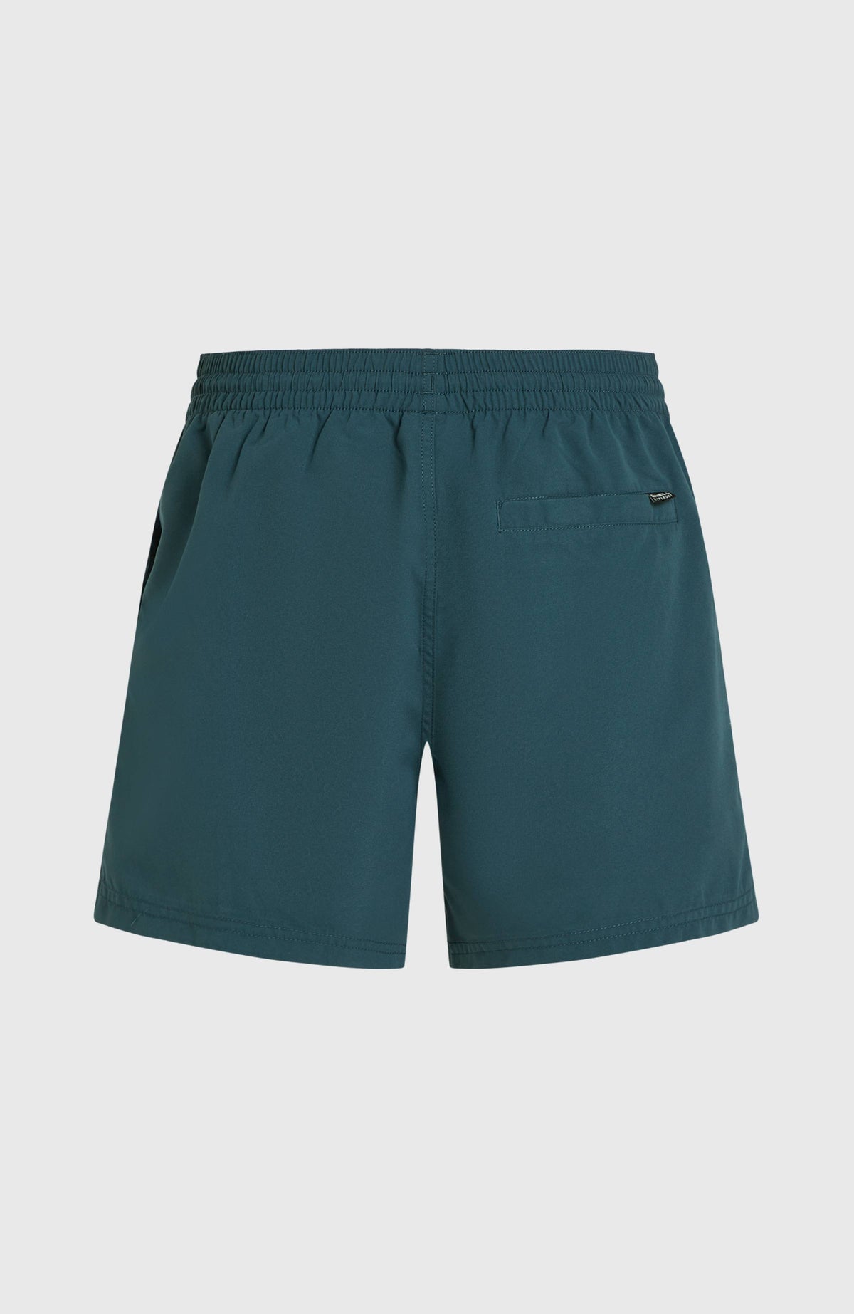 Retro 14'' Badehose für Herren, blau mit Logo-Print in Hellblau, flach liegend von hinten mit Gesäßtasche