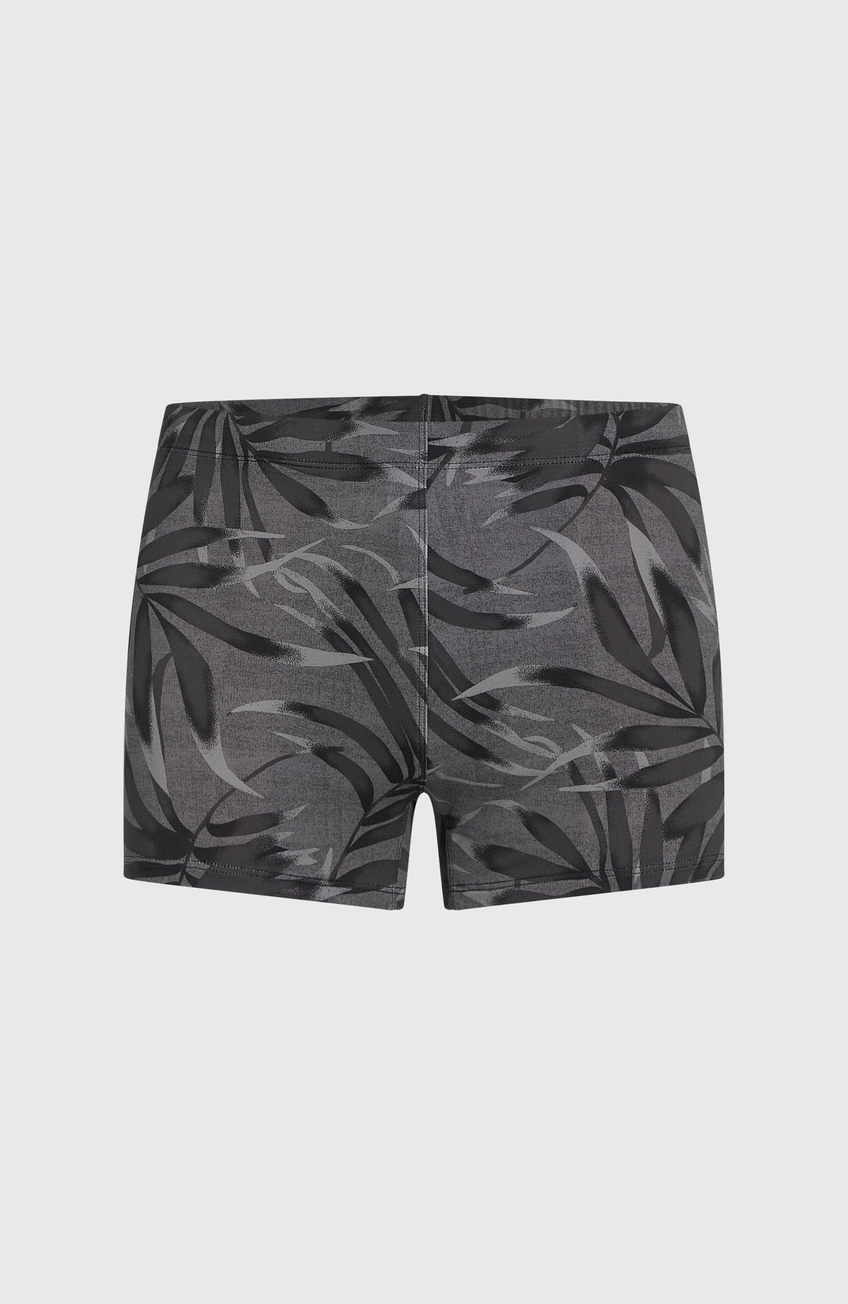 Essentials Floral Racer Badehose für Herren, schwarz mit Blättermuster in Grau, flach liegend von vorne