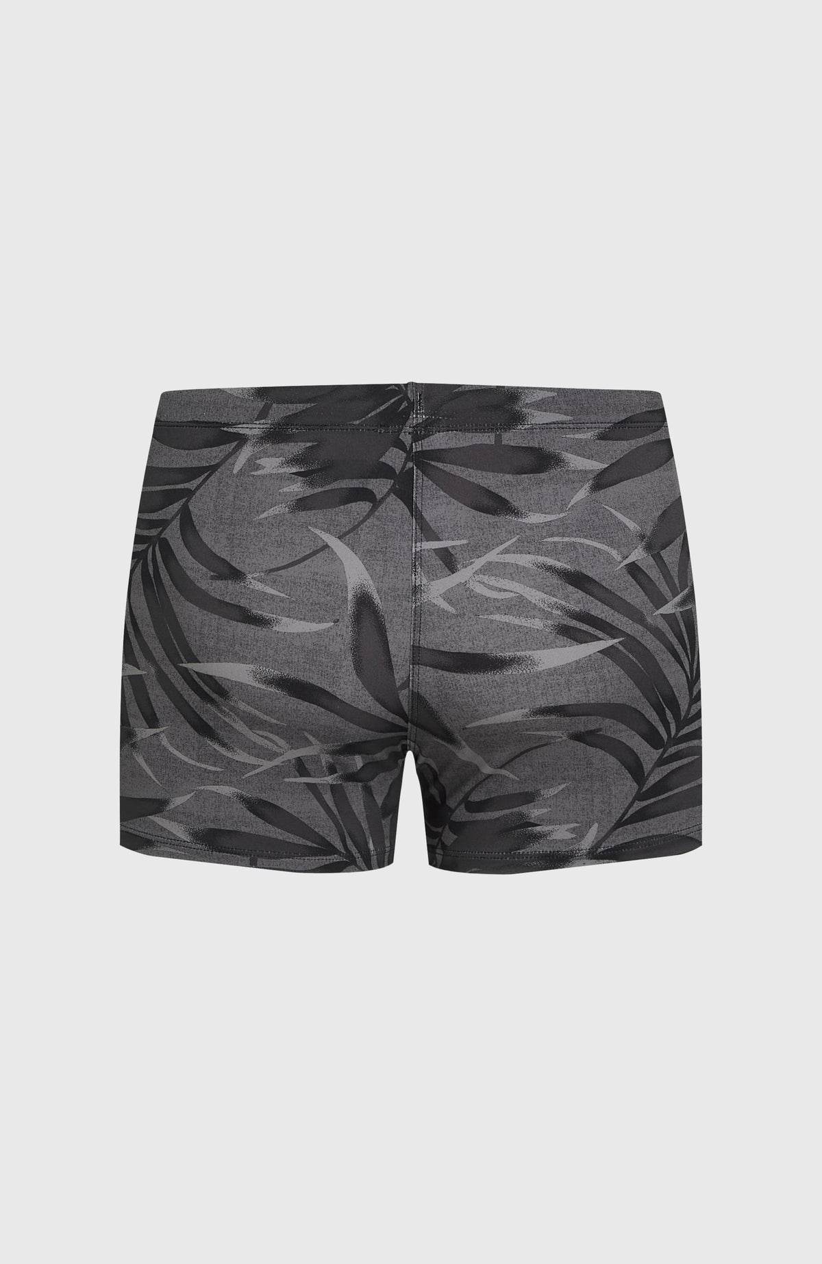 Essentials Floral Racer Badehose für Herren, schwarz mit Blättermuster in Grau, flach liegend von hinten