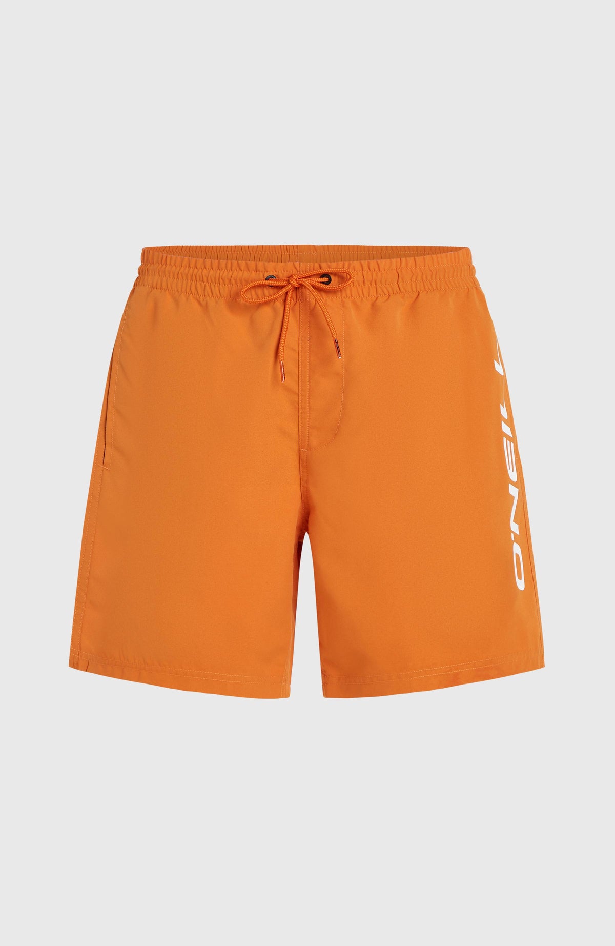 Cali 16'' Badehose für Herren, orange mit Logo-Print in Weiß, flach liegend von vorne mit Kordelzug
