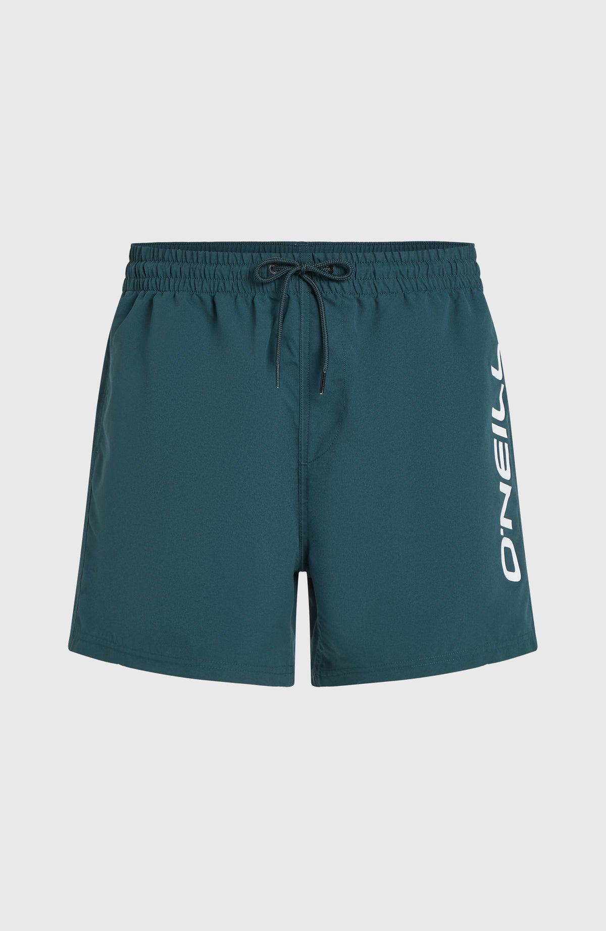 Blaue Cali 16'' Badehose für Herren mit Logo-Print in Weiß, flach liegend von vorne mit Kordelzug am Bund