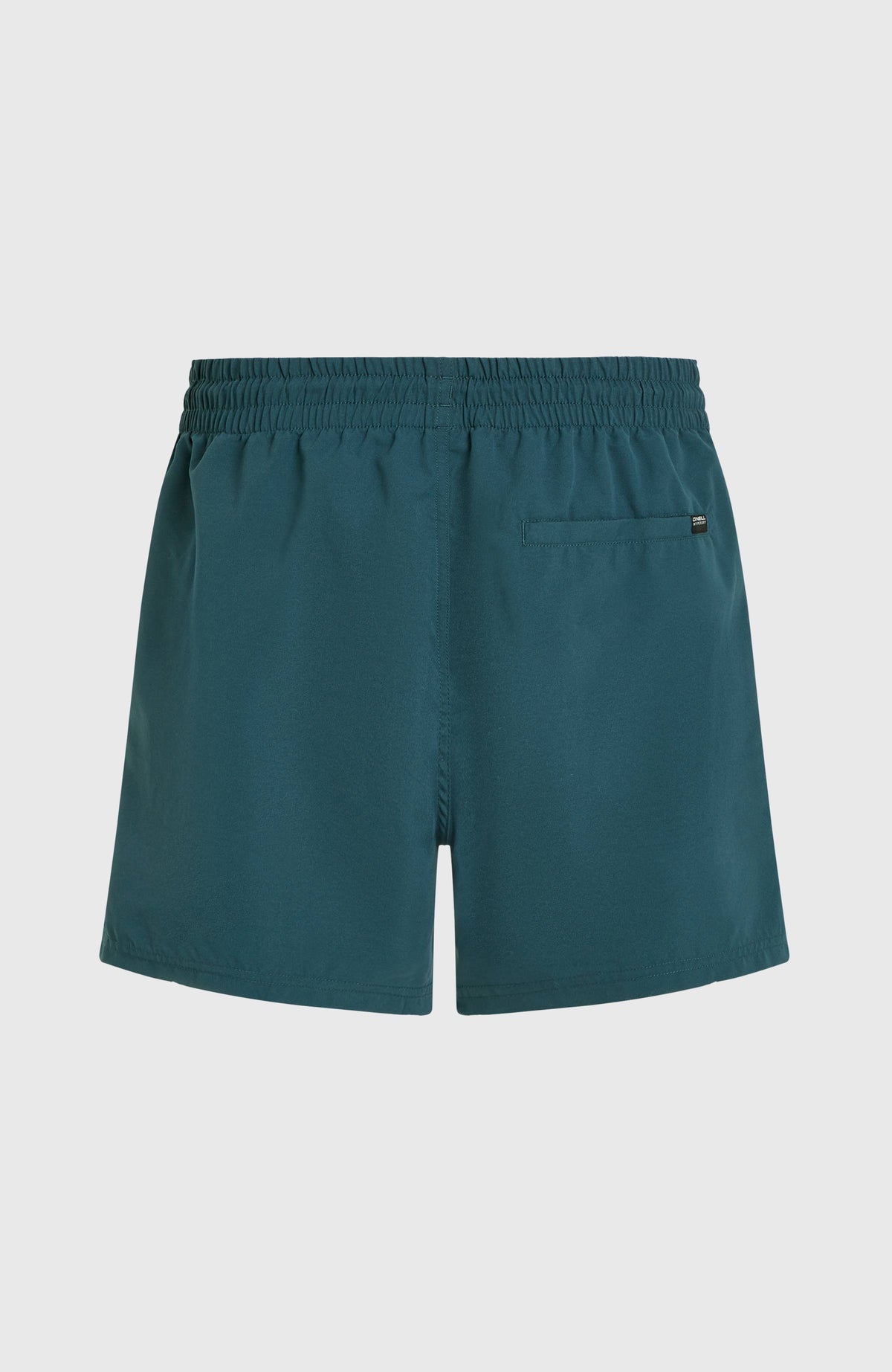 Blaue Cali 16'' Badehose für Herren mit Logo-Print in Weiß, flach liegend von hinten mit Gesäßtasche