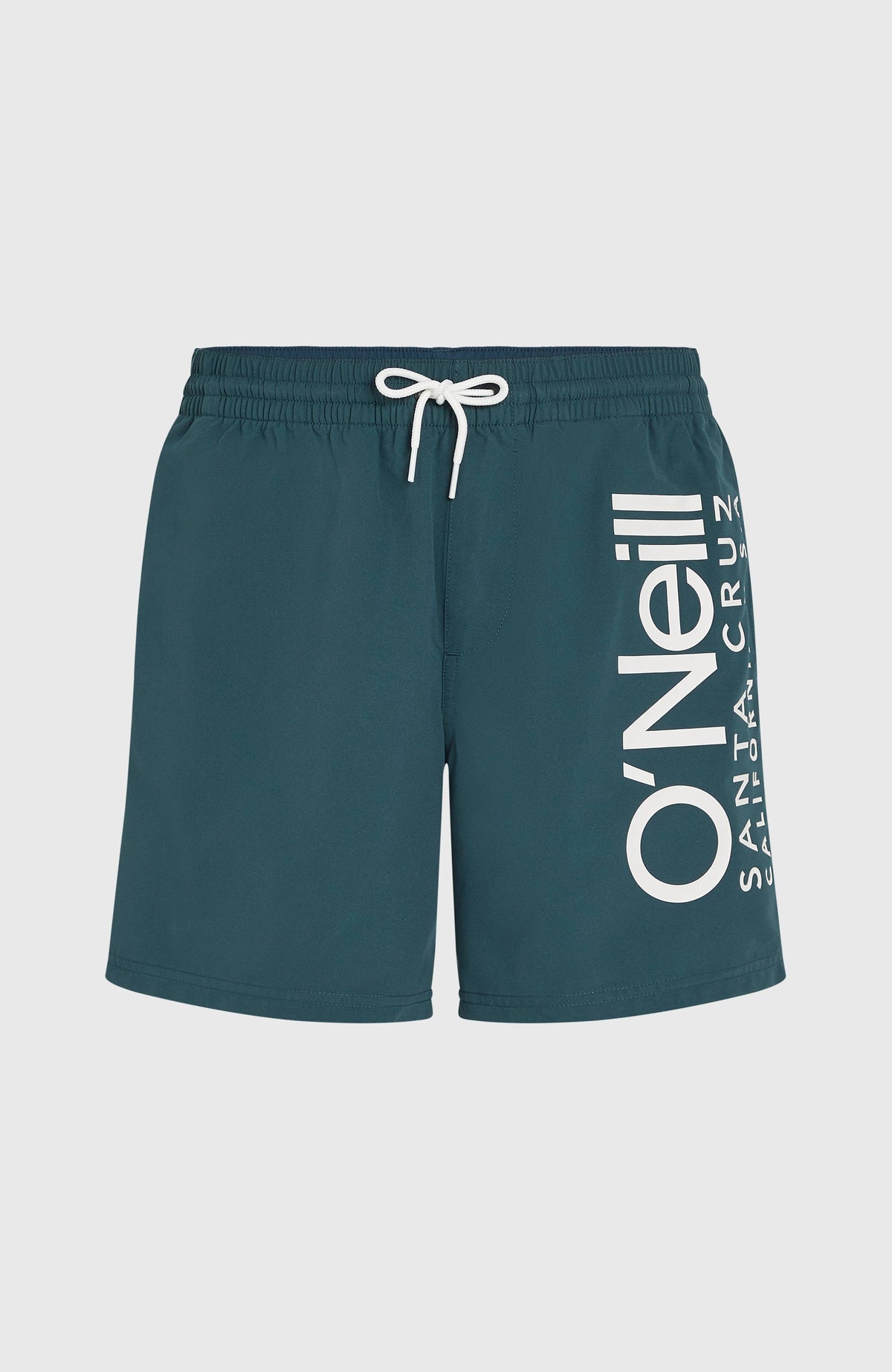 Original Cali 16'' Badehose für Herren, blau mit Logo-Print in Weiß, flach liegend von vorne, Kordelzug am Bund