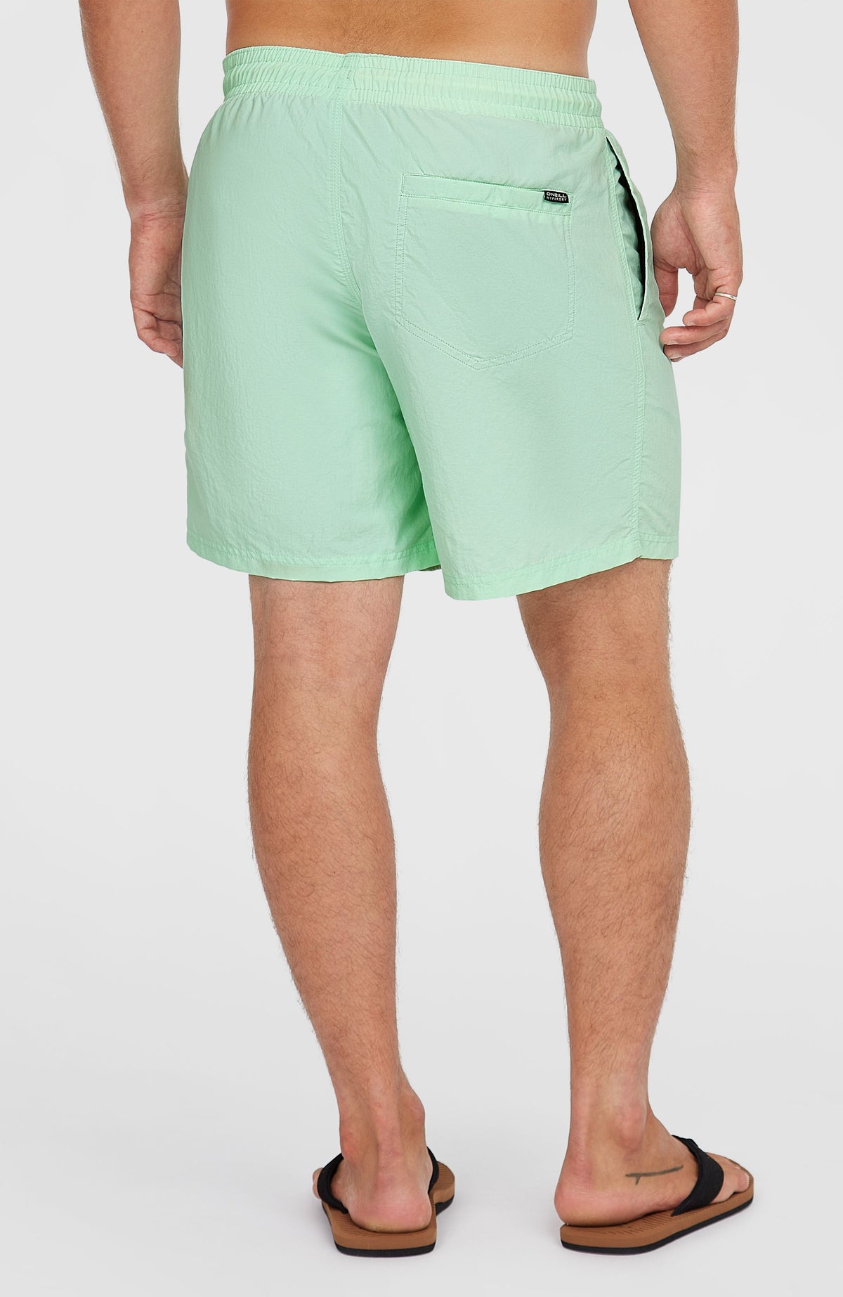 Vert 16'' Badehose für Herren, grün, Rückansicht am Model mit aufgesetzter Gesäßtasche und Logo-Aufnäher