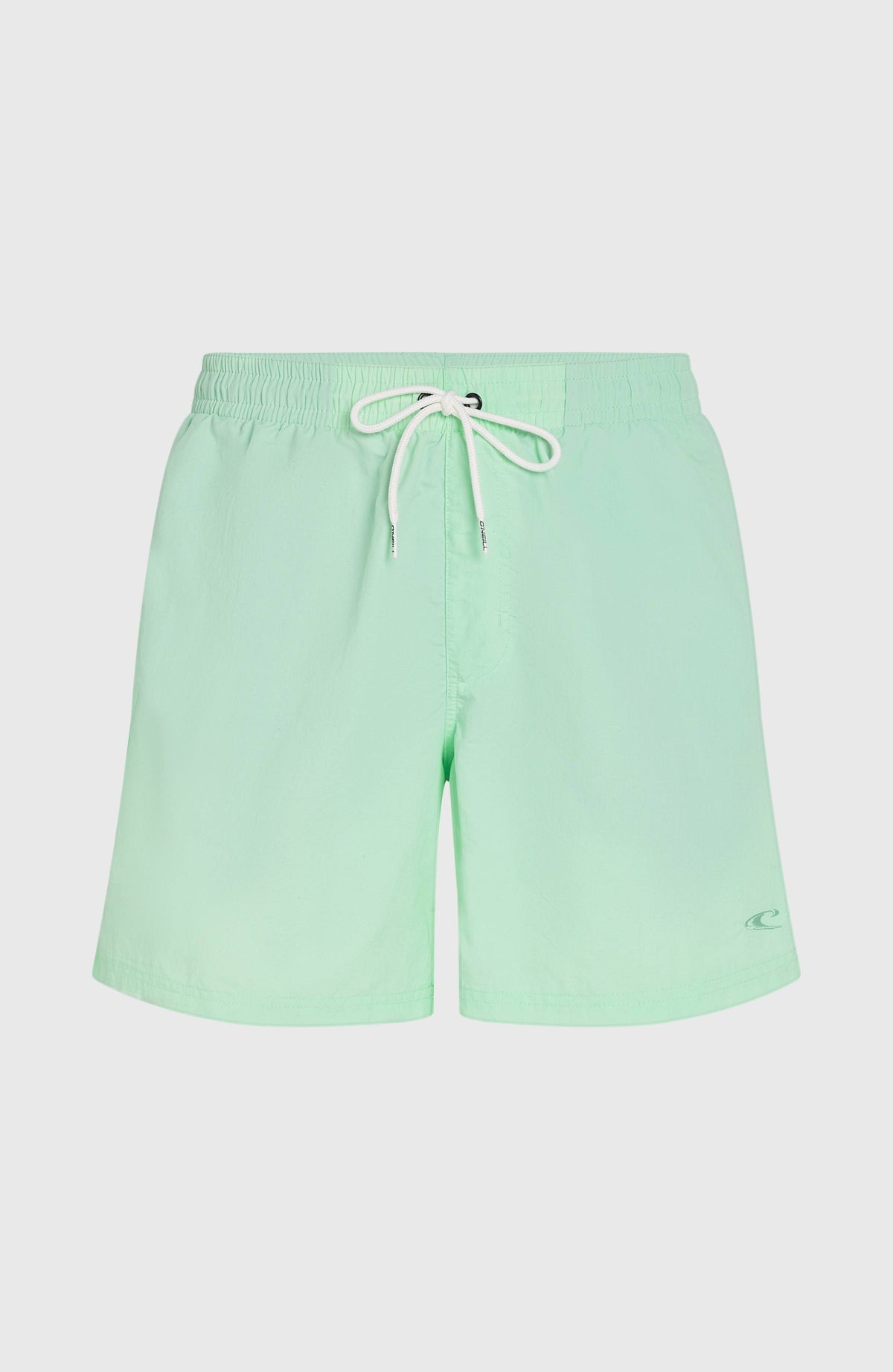 Vert 16'' Badehose für Herren, grün, flach liegend von vorne mit weißem Kordelzug am elastischen Bund
