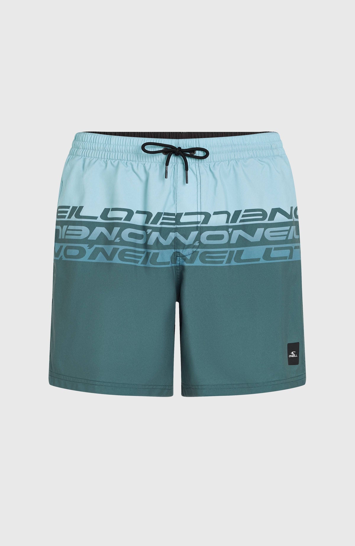 Cali Stripe 16'' Badehose für Herren, blau mit Logo-Print in Blau, freigestellt von vorne mit Kordelzug am Bund