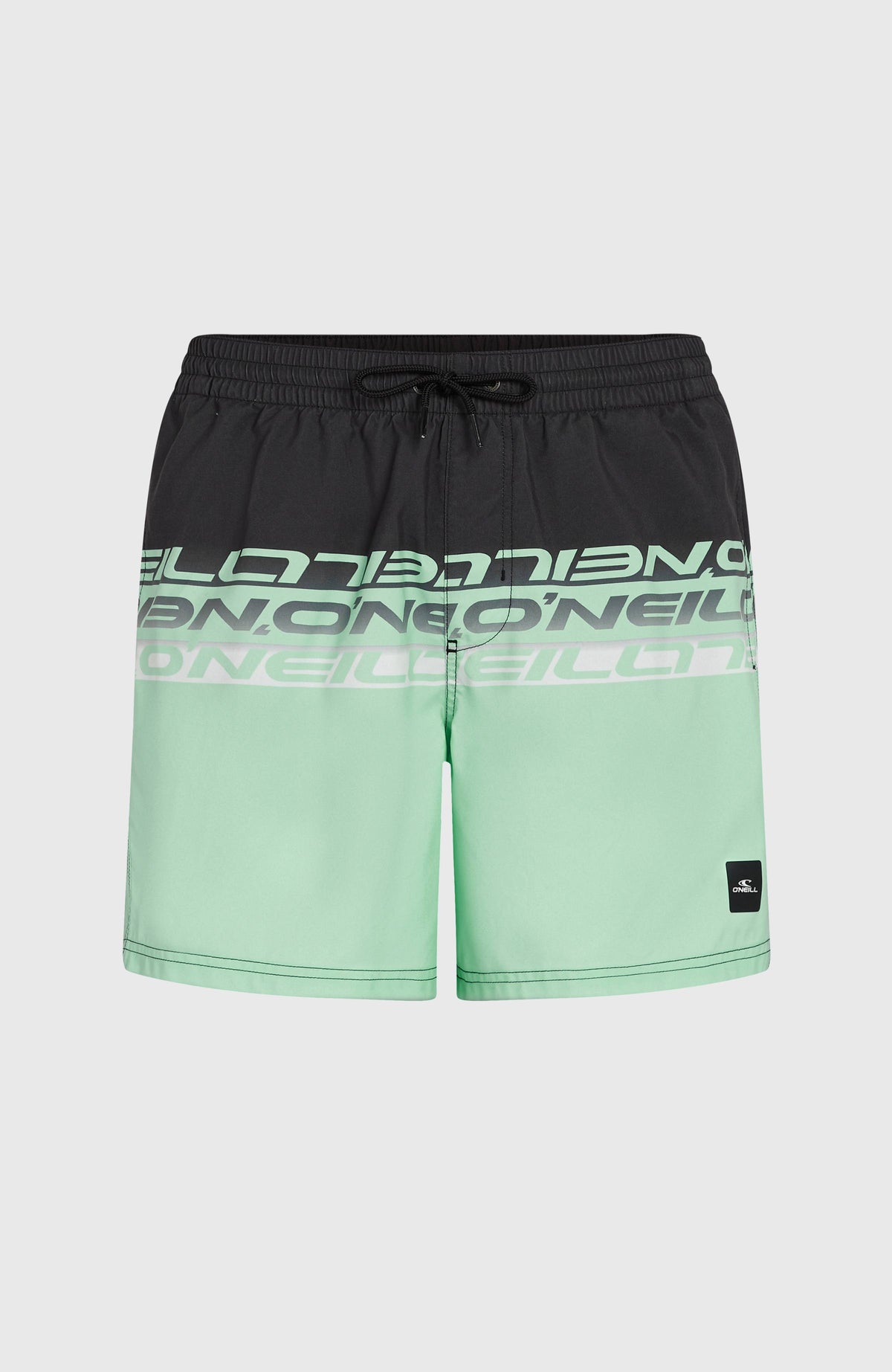 Cali Stripe 16'' Badehose für Herren, grün mit Logo-Print in Schwarz, freigestellt von vorne mit Kordelzug