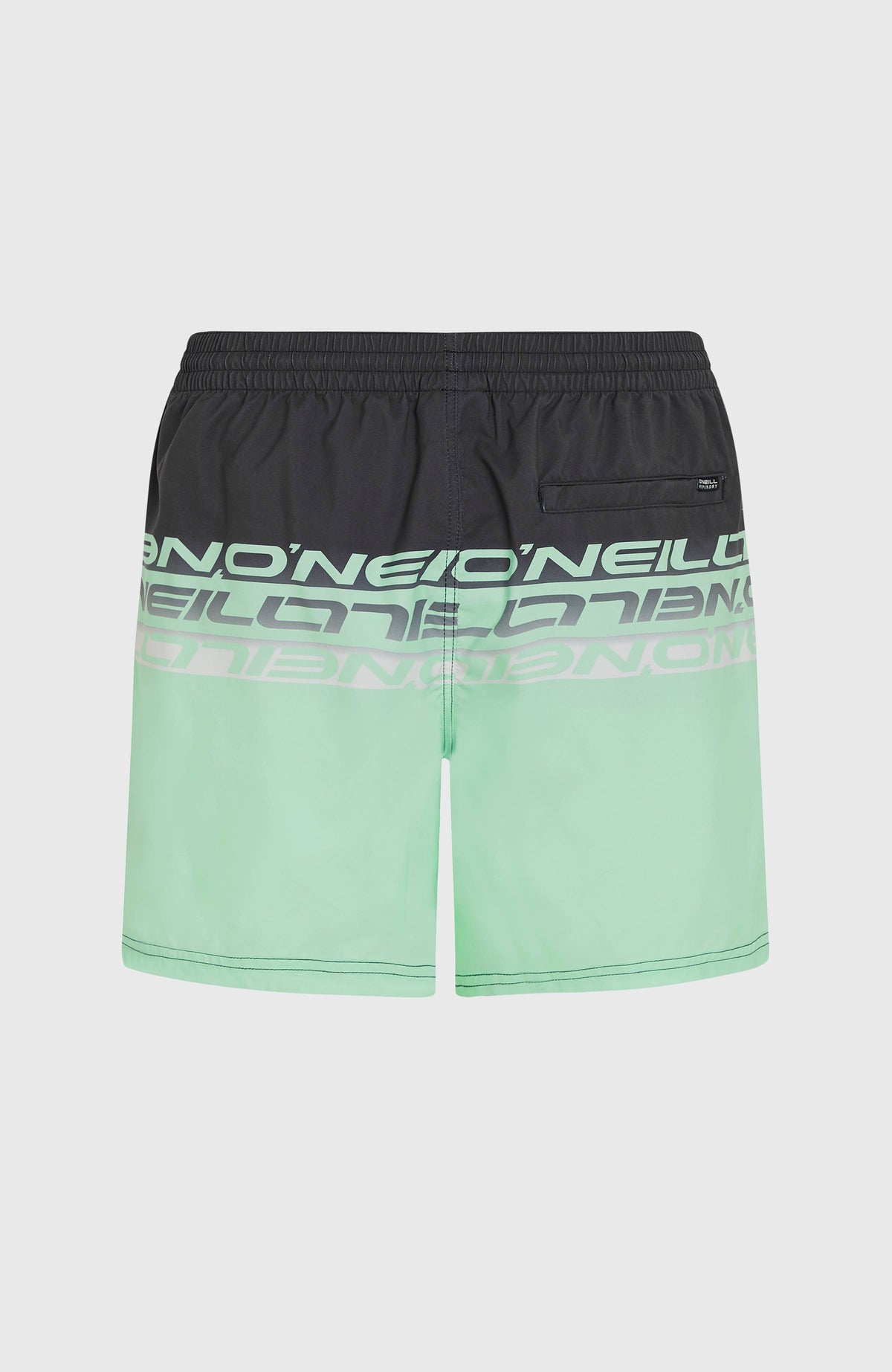 Cali Stripe 16'' Badehose für Herren, grün mit Logo-Print in Schwarz, freigestellt von hinten mit Gesäßtasche