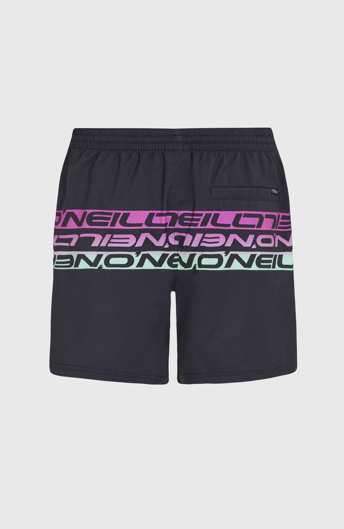 Cali Stripe 16'' Badehose, schwarz mit Logo-Print in Lila und Mintgrün, flach liegend von hinten mit Gesäßtasche