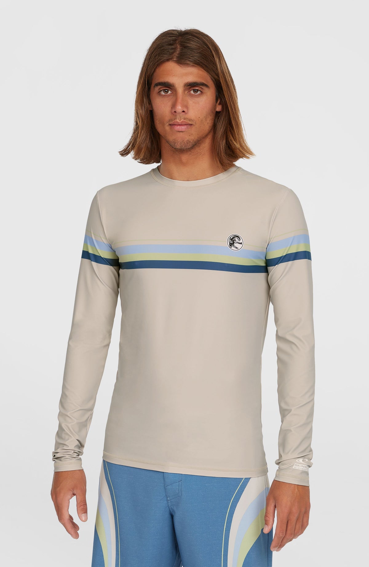 O'Neill O'Riginals Longsleeve-Schwimmshirt für Herren, beige mit Streifenmuster in Blau und Grün, Vorderansicht