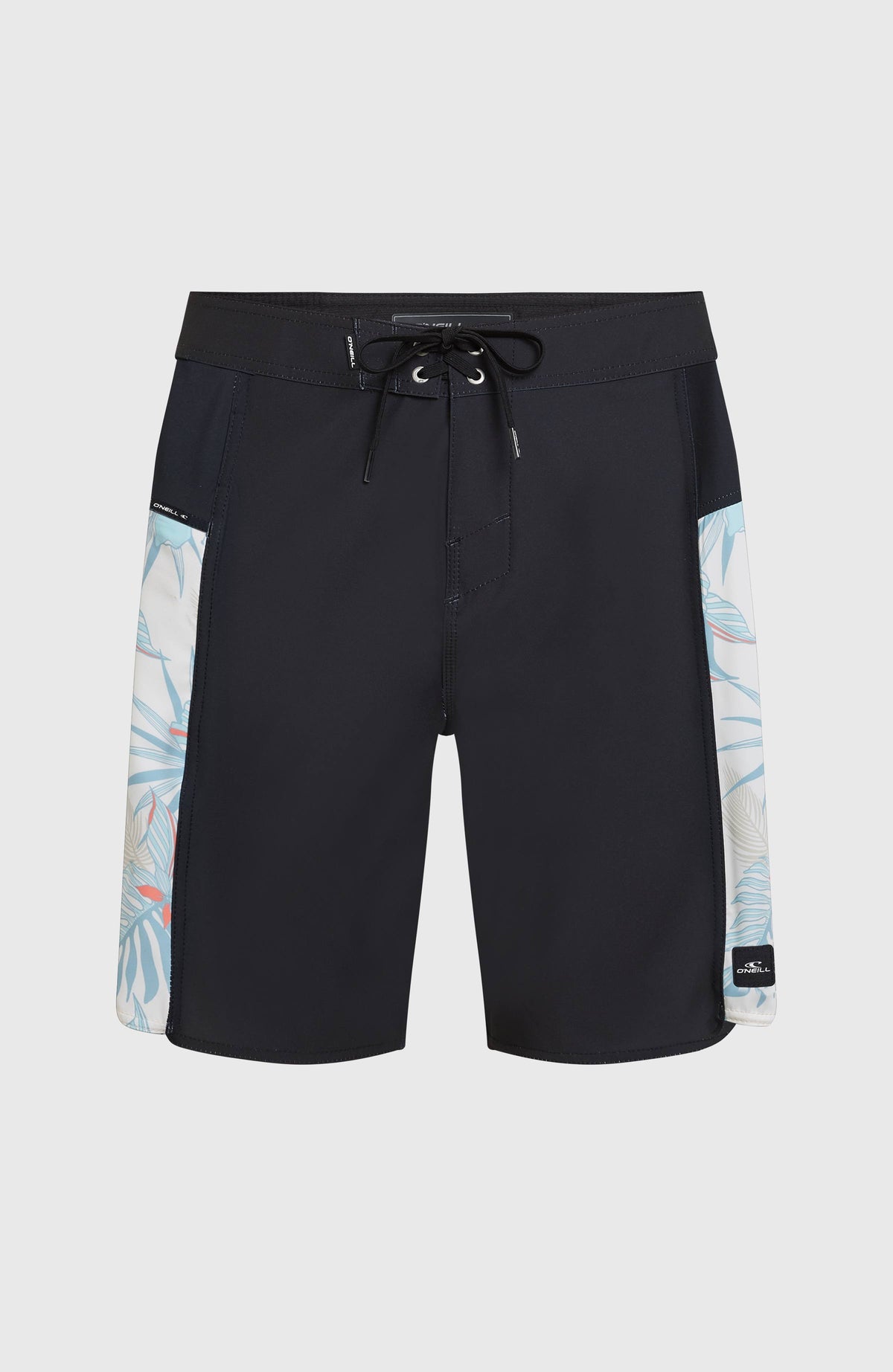 Hyperfreak Tech Panel 18'' Boardshorts für Herren, schwarz mit Blumenmuster in Hellblau, freigestellt von vorne
