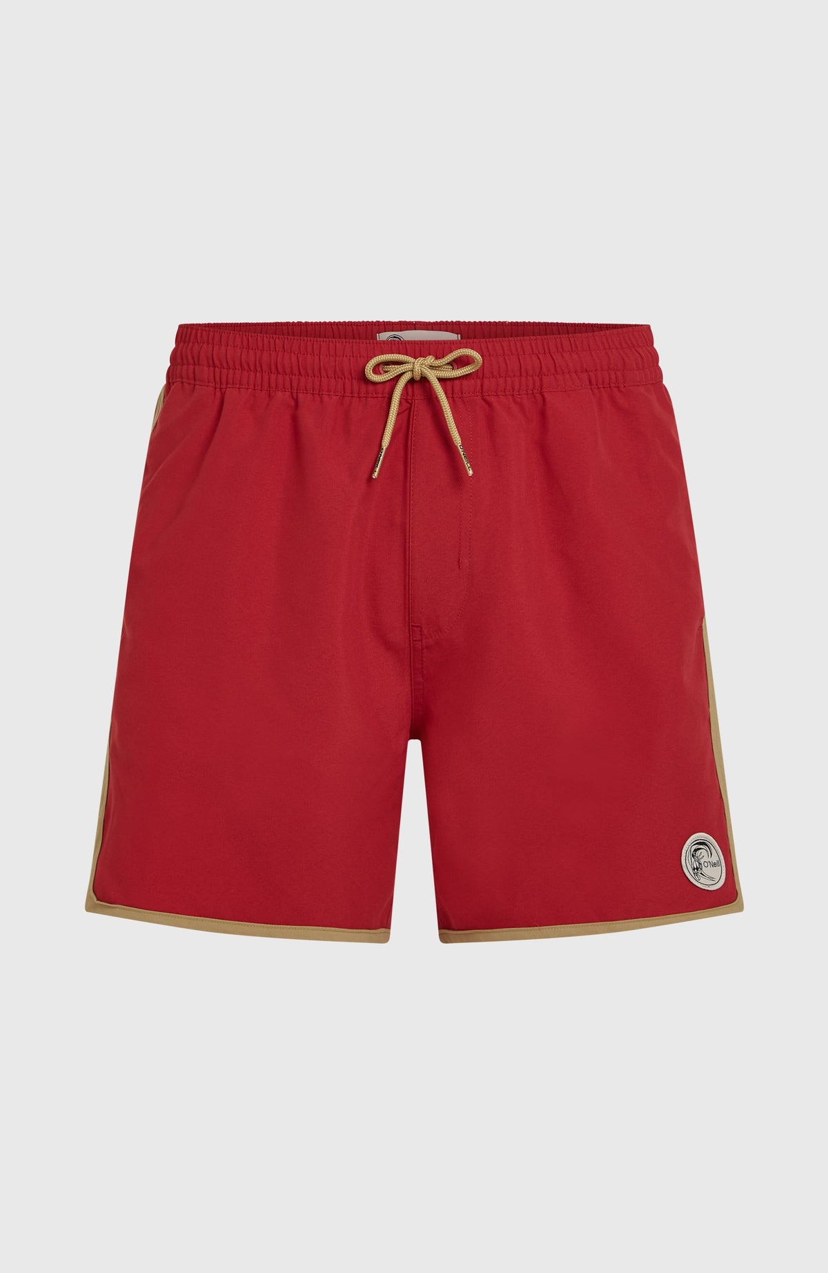 O'Riginals Scallop 16'' Badehose für Herren, rot, flach liegend von vorne mit elastischem Kordelzugbund