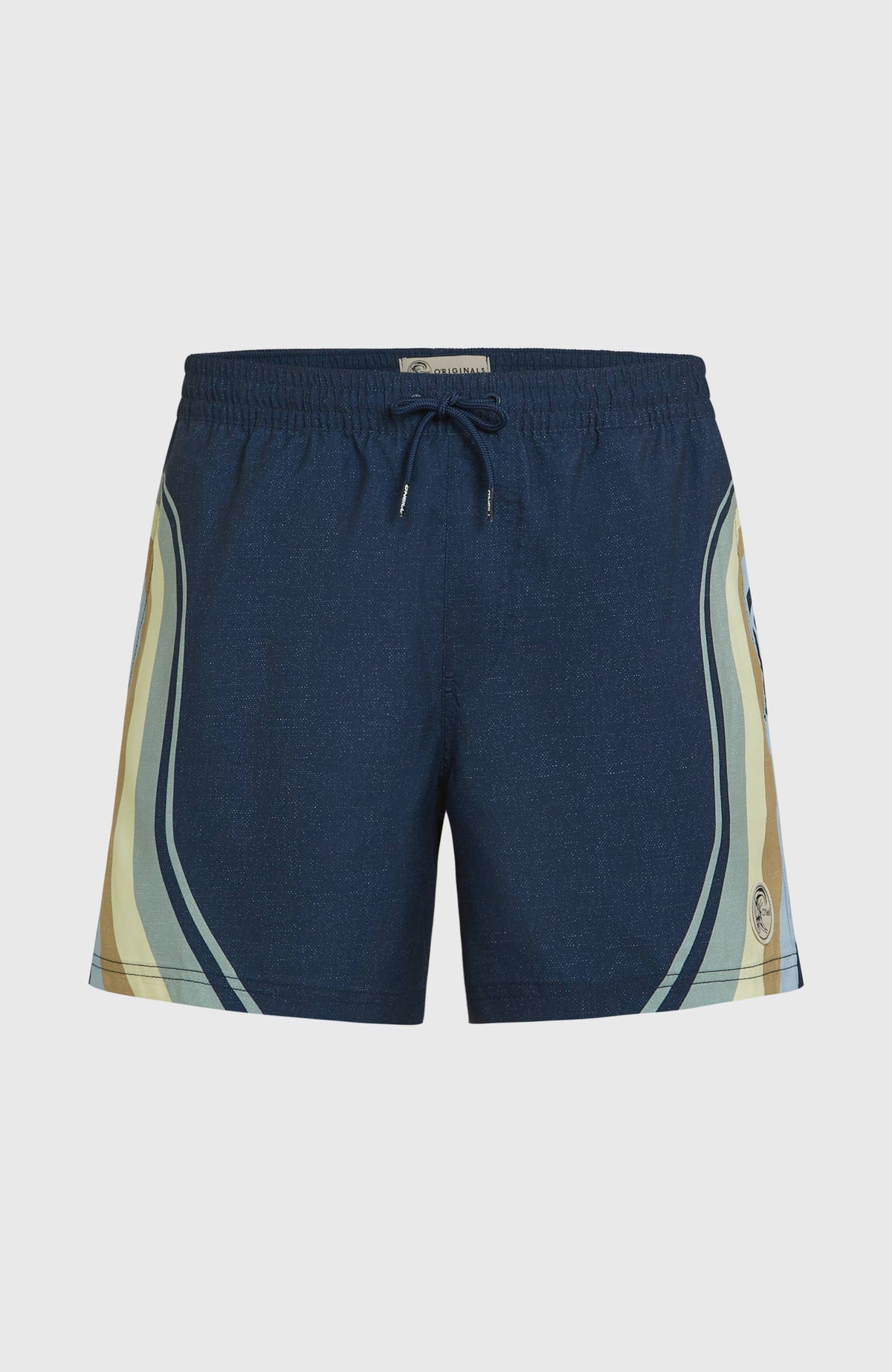 O'Riginals Longboard 15'' Badehose für Herren, blau mit Streifenmuster in Gelb und Grün, flach liegend von vorne