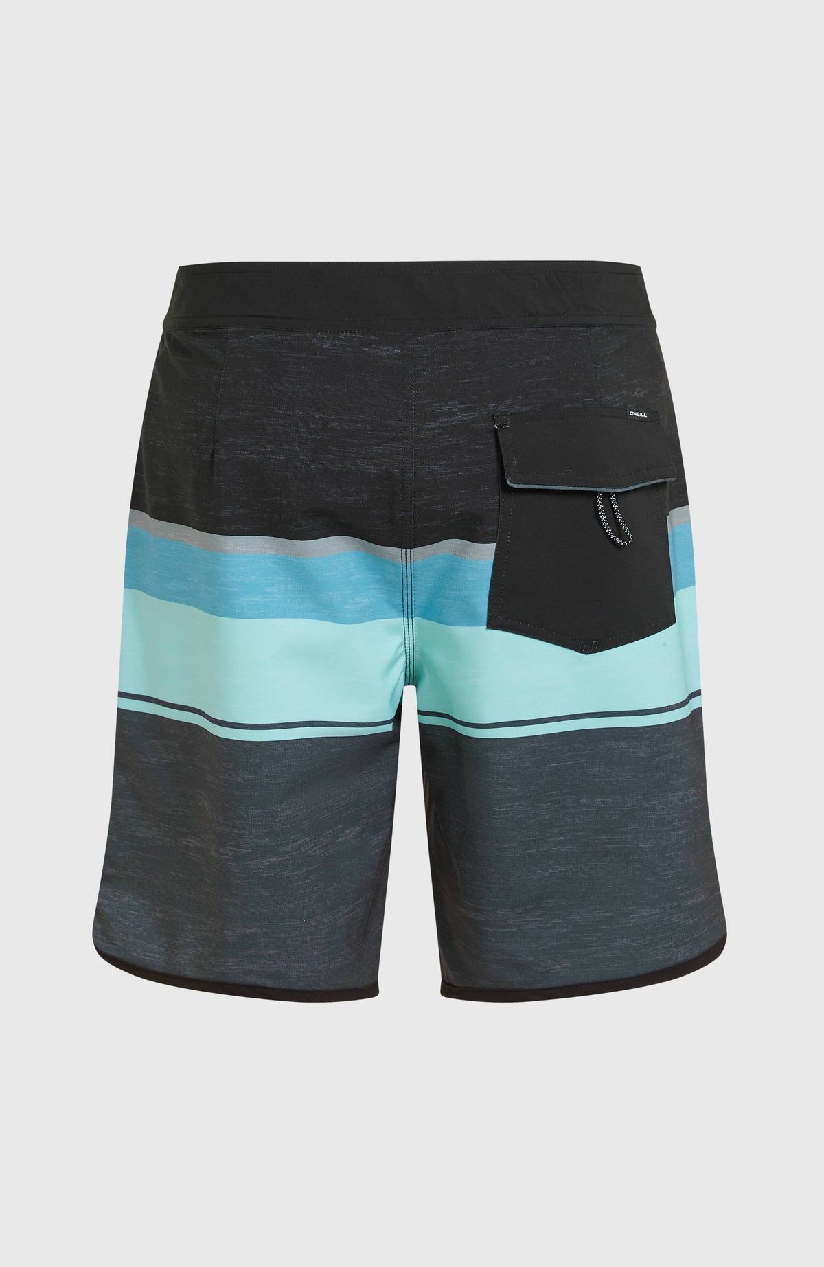 Lennox Scallop 19'' Boardshorts für Herren, grau mit Streifenmuster in Türkis und Blau, freigestellt von hinten