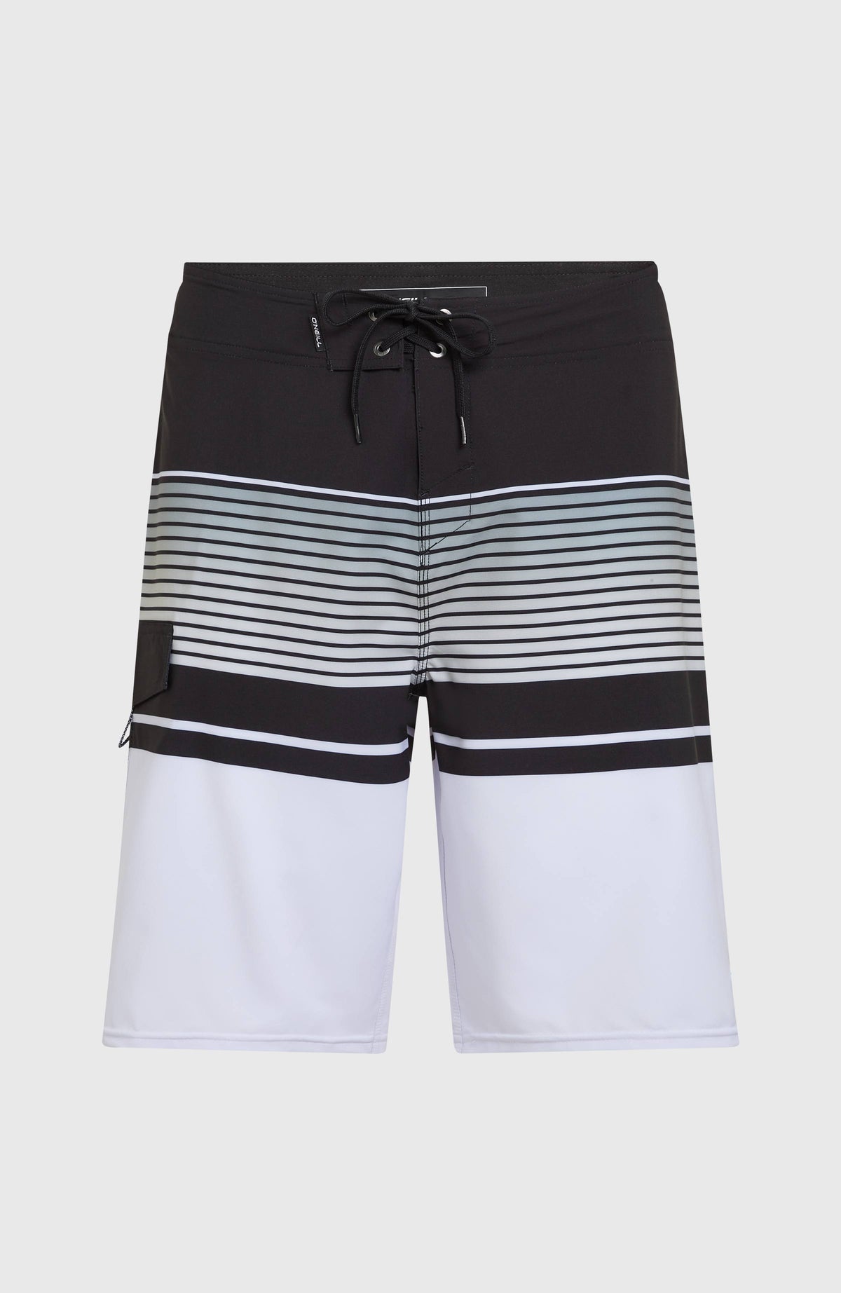 Lennox Stripe 21'' Boardshorts für Herren, weiß mit Streifenmuster in Schwarz und Grau, freigestellt von vorne
