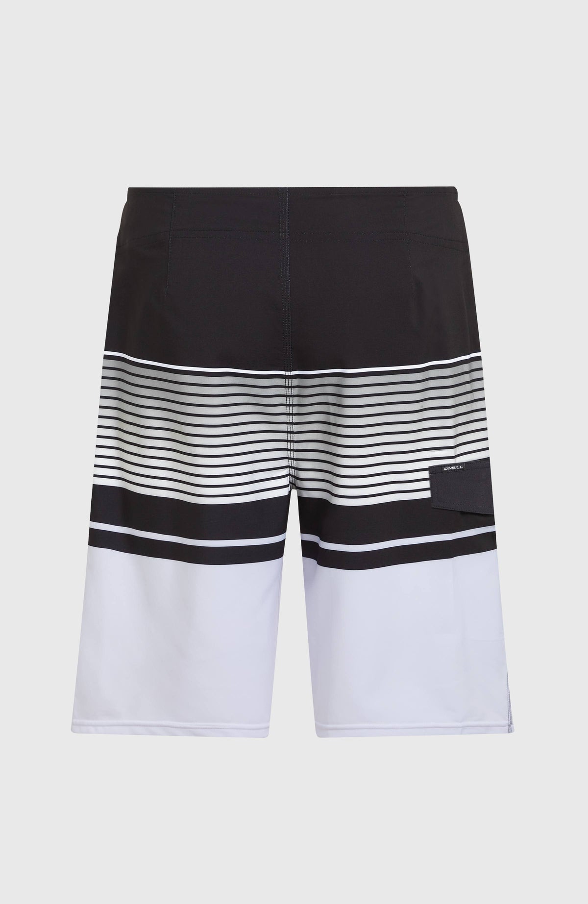 Lennox Stripe 21'' Boardshorts für Herren, weiß mit Streifenmuster in Schwarz und Grau, freigestellt von hinten