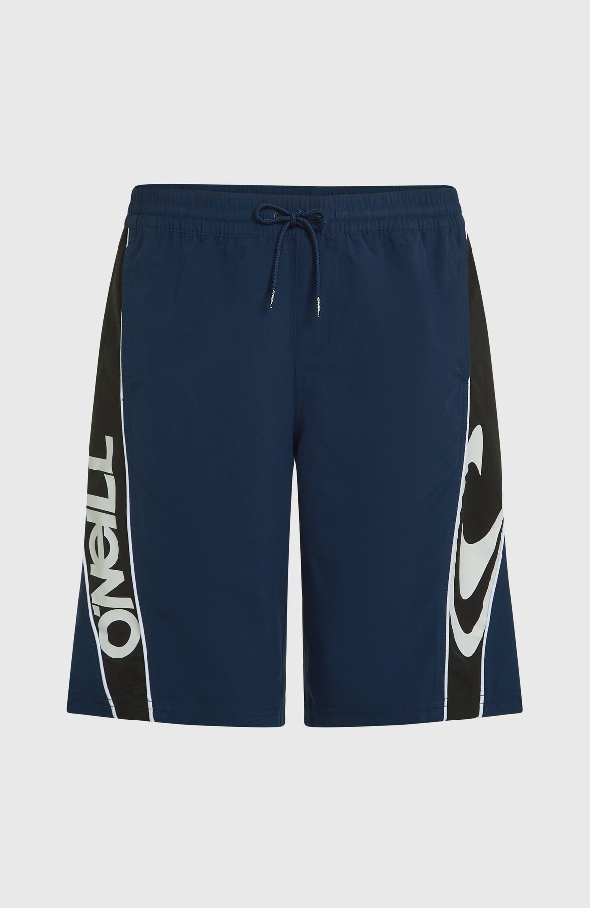 90s 21'' Badehose für Herren, blau mit Logo-Print in Weiß und Schwarz, flach liegend von vorne mit Kordelzug