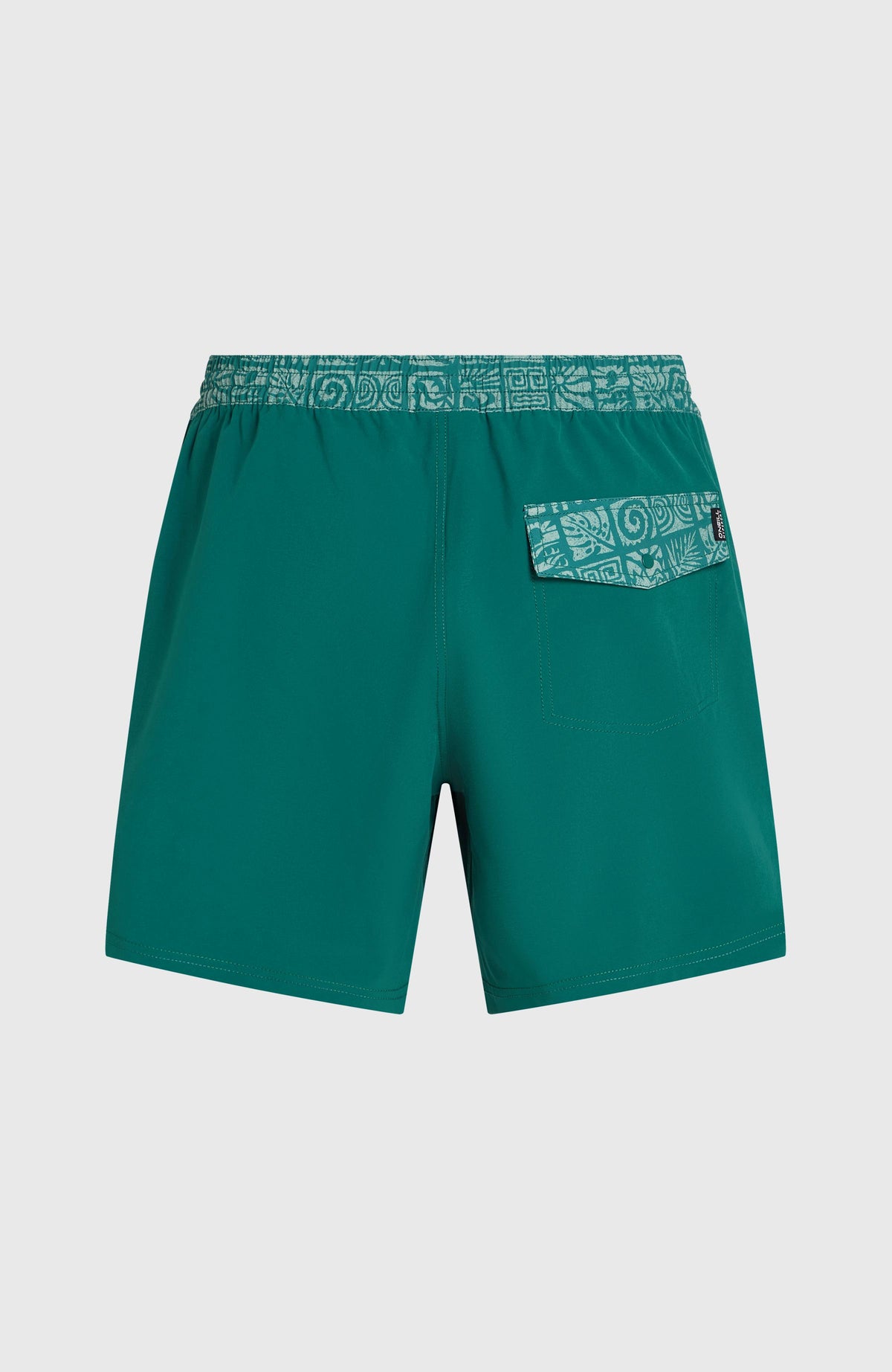 Pocket Print 16'' Badehose für Herren, grün, flach liegend von hinten, aufgesetzte Gesäßtasche mit Klappe