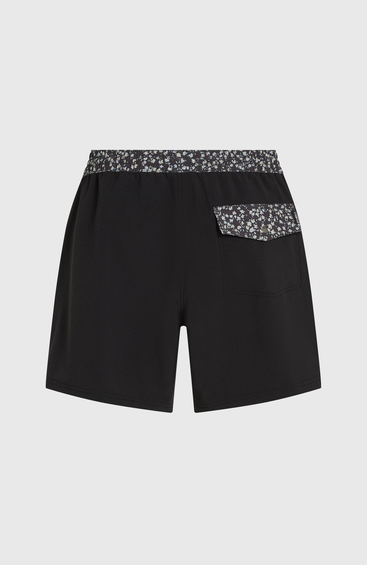 Schwarze Pocket Print 16'' Badehose für Herren, freigestellt von hinten, Gesäßtasche mit Klappe