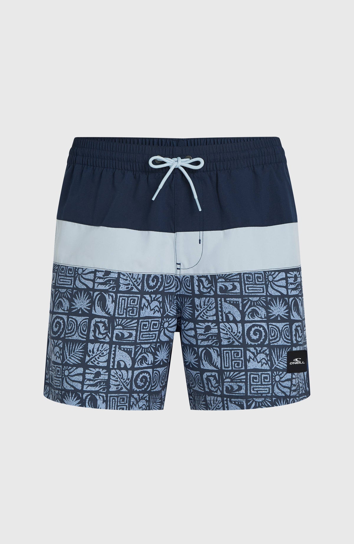 O'Neill Block 15'' Badehose für Herren, blau mit Grafikmuster in Hellblau, freigestellt von vorne mit Kordelzug