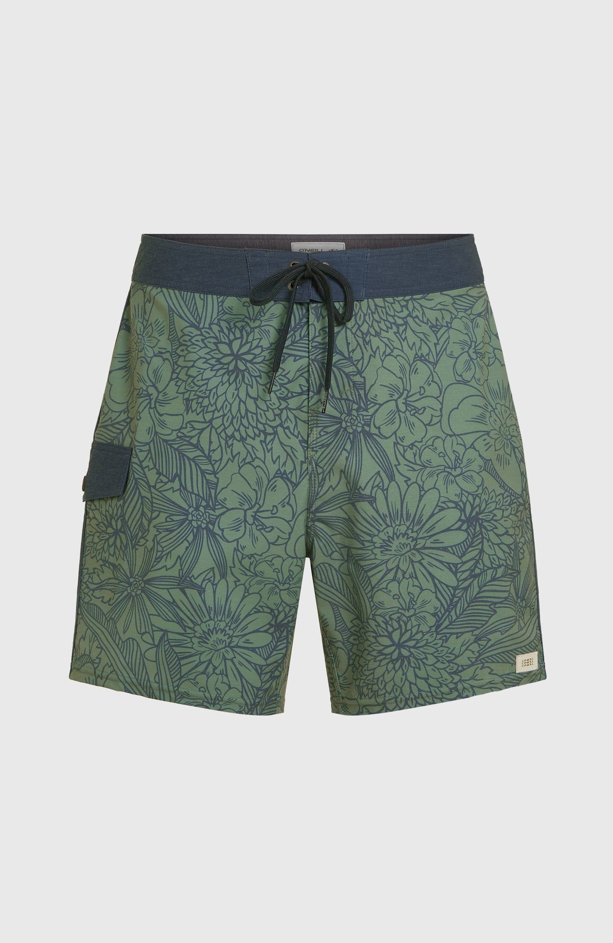 Lineup 18'' Boardshorts für Herren, grün mit Blumenmuster in Dunkelblau, freigestellt von vorne mit Kordelverschluss