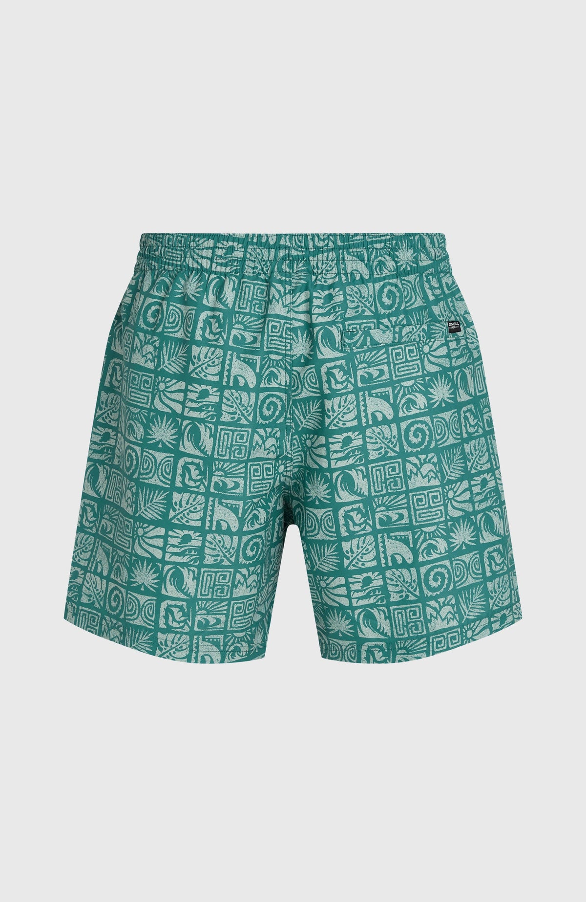 Print 16'' Badehose für Herren, blau mit Grafikmuster in Hellblau, freigestellt von hinten, Gesäßtasche