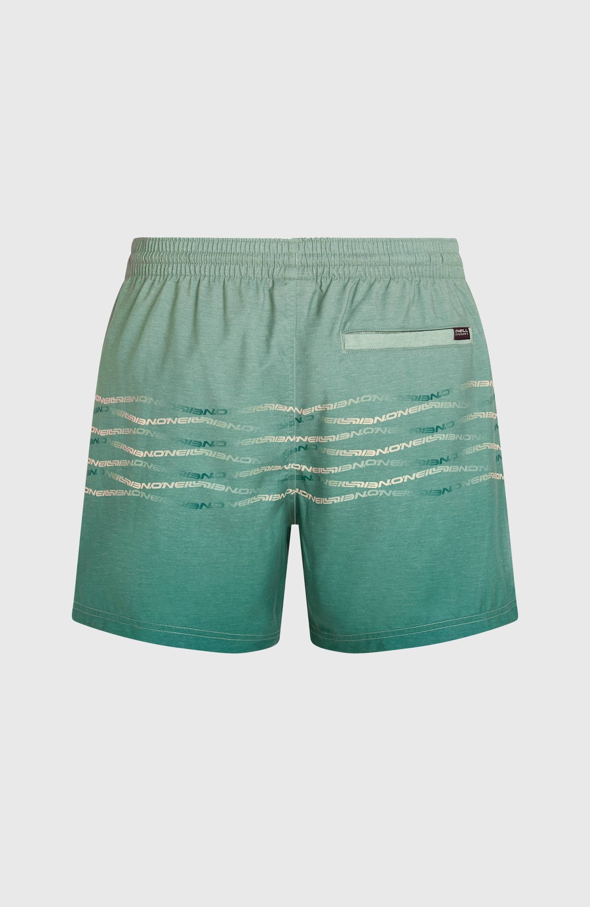First 15'' Badehose für Herren, grün mit Logo-Print in Beige, flach liegend von hinten mit Gesäßtasche