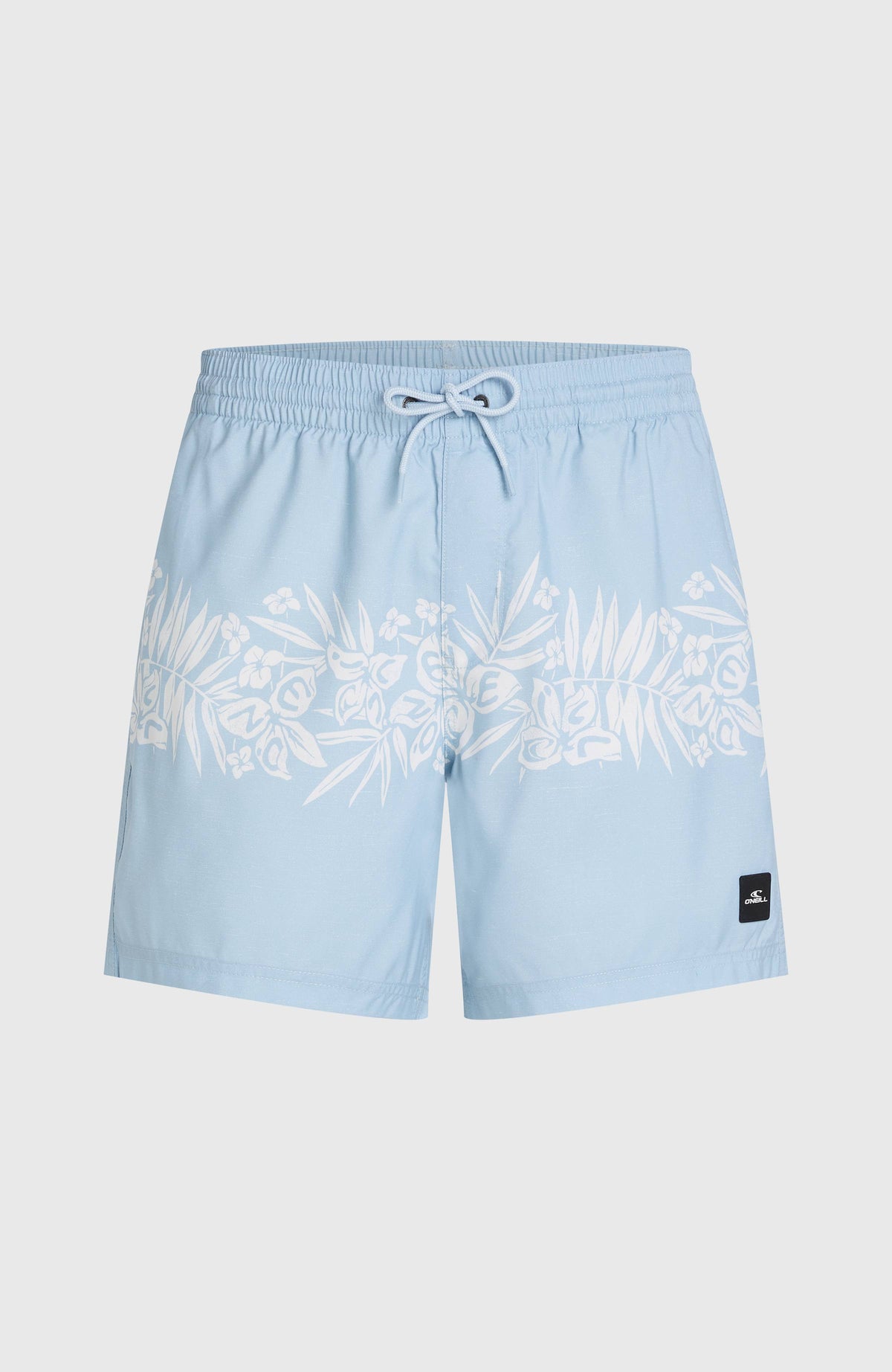 Uni Flower 16'' Badehose, blau mit Blumenmuster in Weiß, flach liegend von vorne, elastischer Bund mit Kordelzug