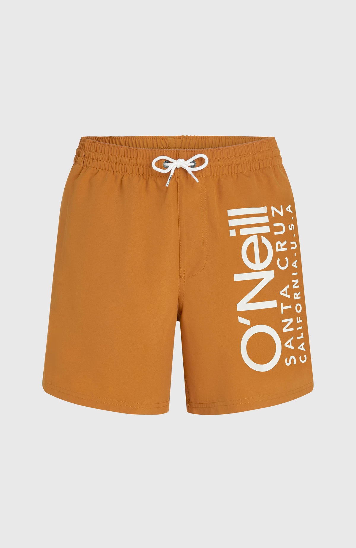 Cali 16'' Badehose für Herren, orange mit Logo-Print in Weiß, flach liegend von vorne mit weißem Kordelzug