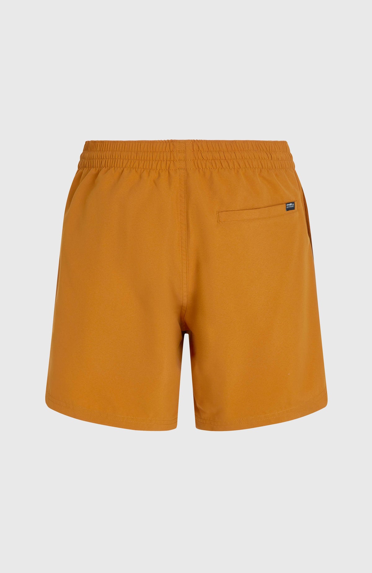 Cali 16'' Badehose für Herren, orange mit Logo-Print in Weiß, flach liegend von hinten mit Gesäßtasche