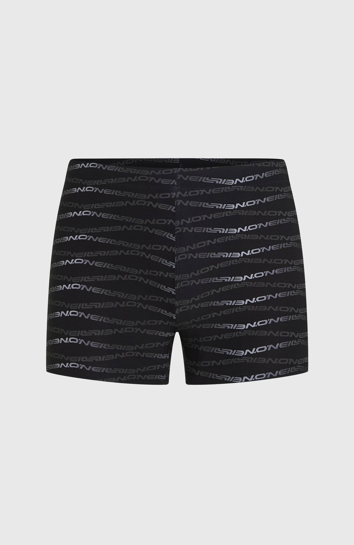 Essentials All-Over-Print Badehose für Herren, schwarz mit Logo-Print in Grau, flach liegend von vorne