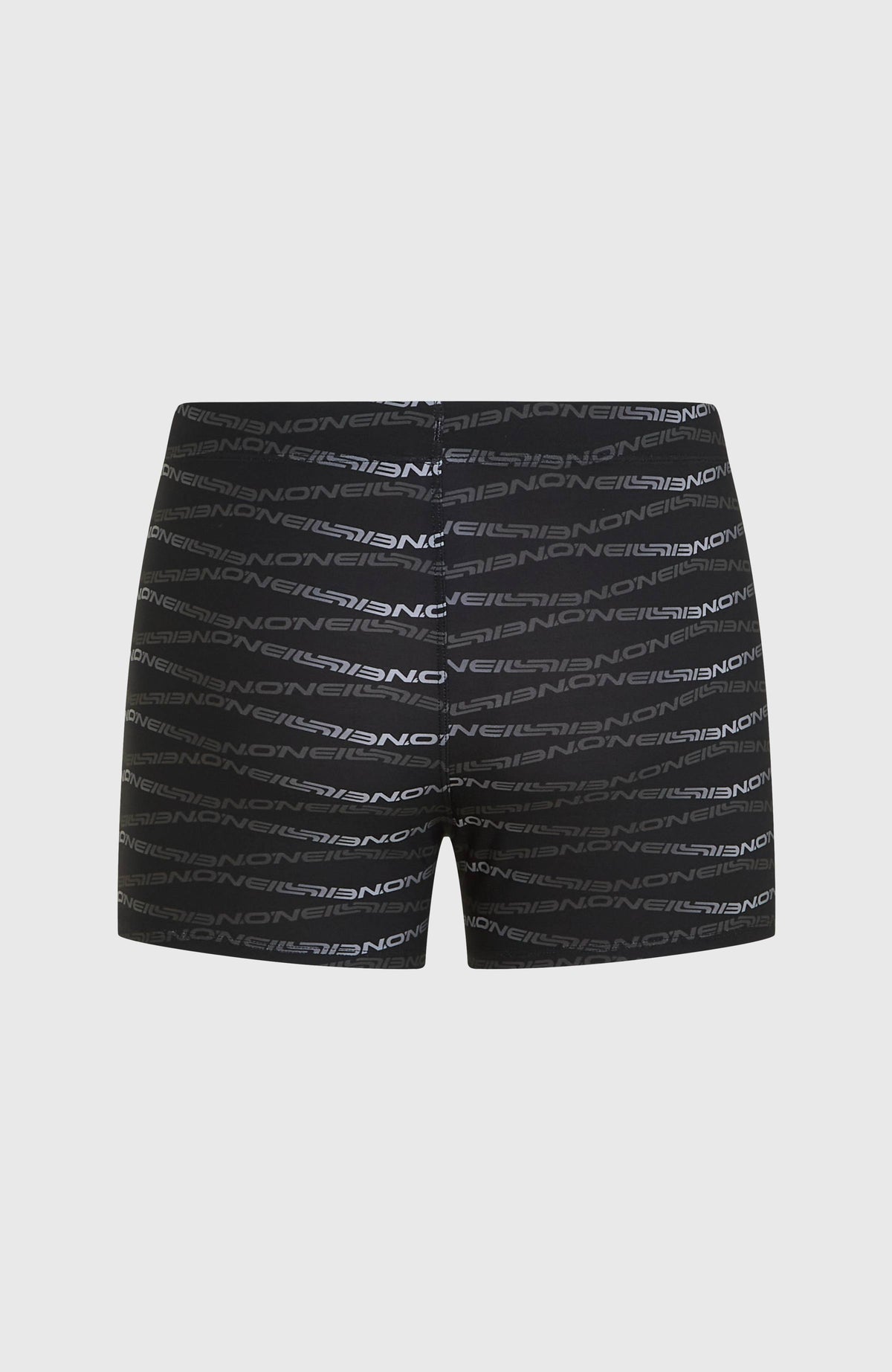 Essentials All-Over-Print Badehose für Herren, schwarz mit Logo-Print in Grau, flach liegend von hinten