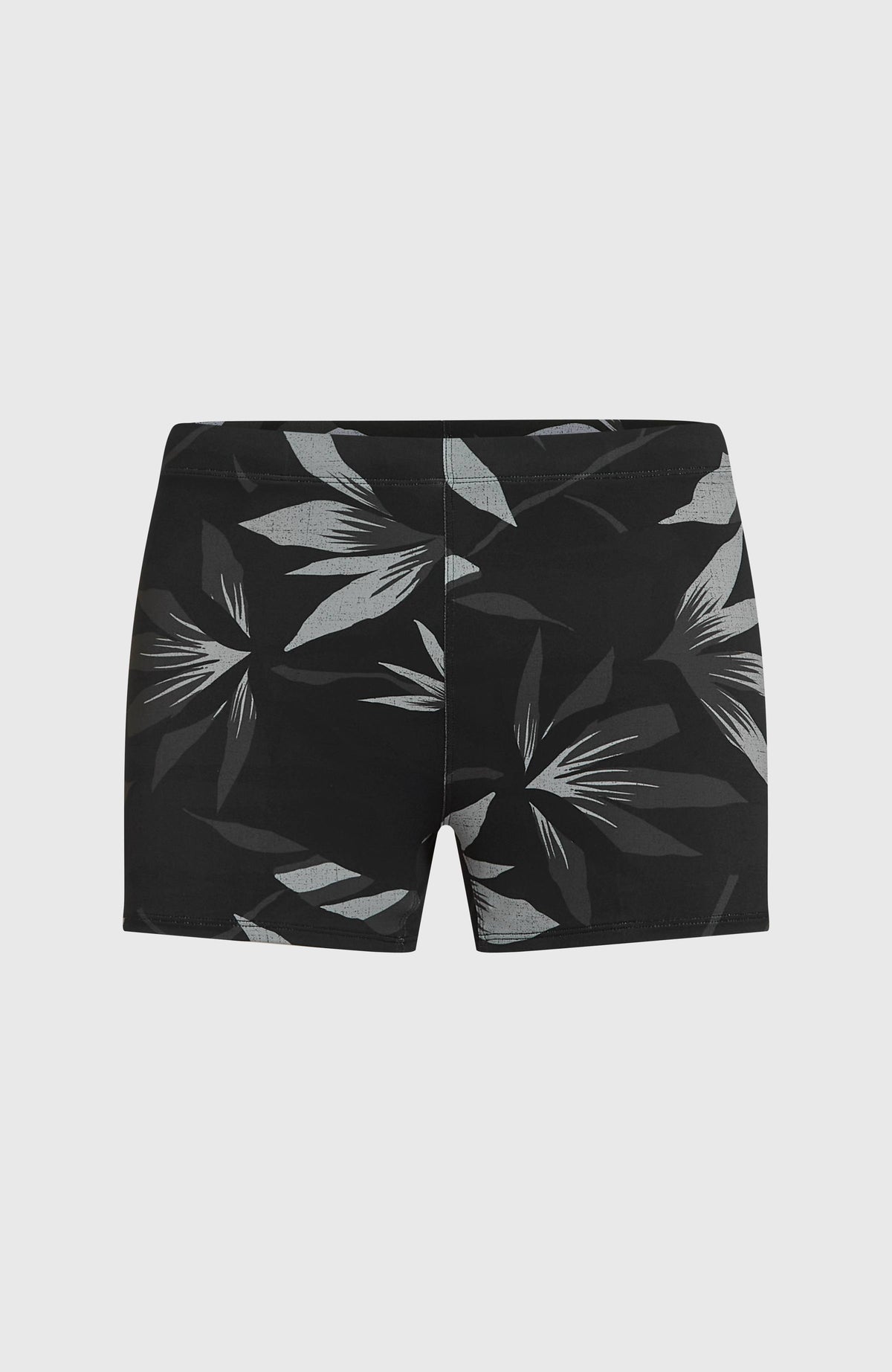 Essentials All-Over-Print Racer Badehose für Herren, schwarz mit Blättermuster in Grau, flach liegend von vorne