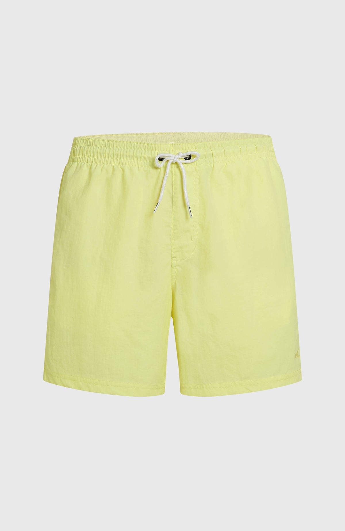 Vert 16'' Badehose für Herren, gelb, flach liegend von vorne, elastischer Bund mit weißem Kordelzug