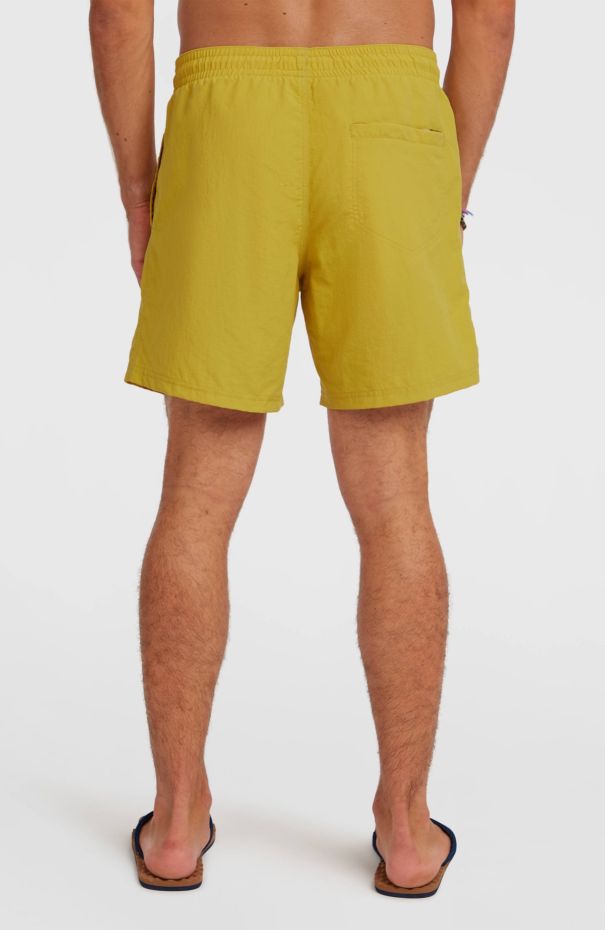 Vert 16'' Badehose für Herren, gelb, Rückansicht am Model mit aufgesetzter Gesäßtasche und elastischem Bund