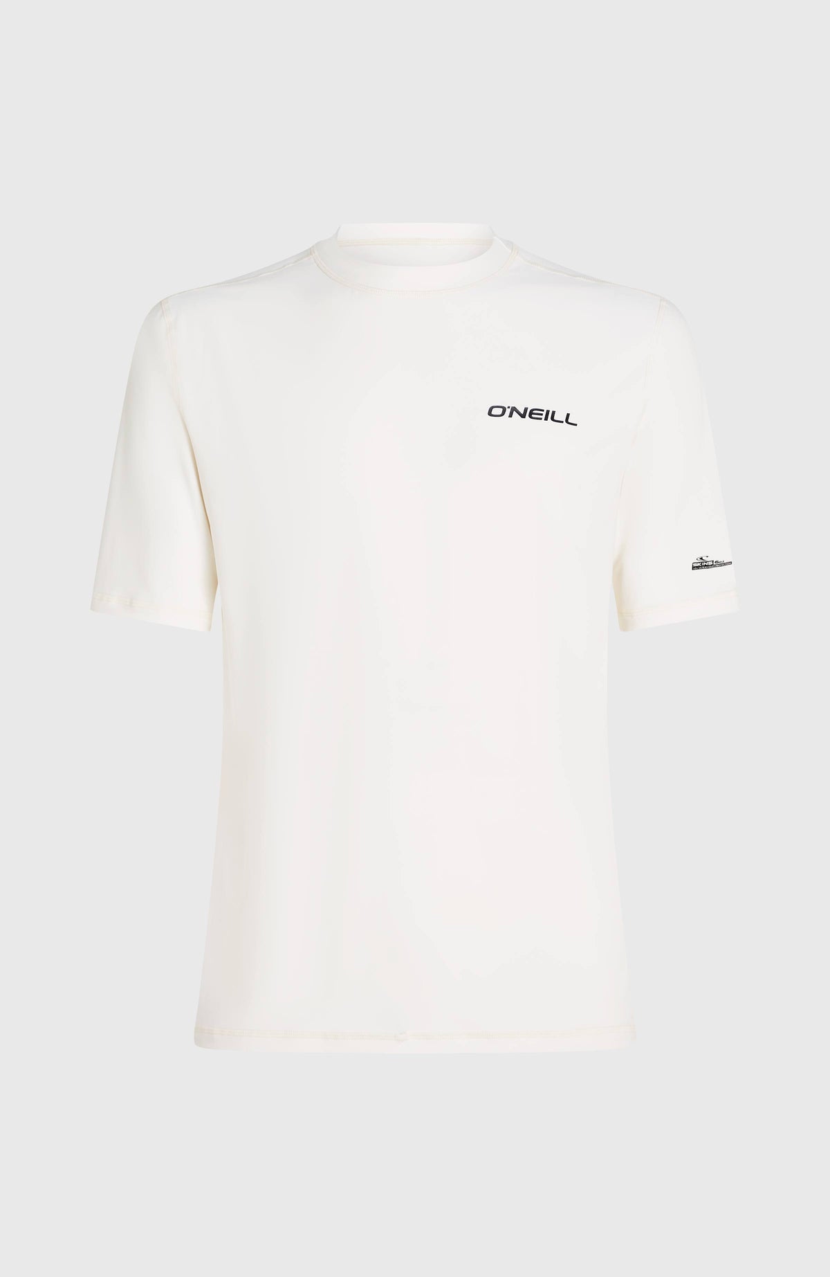 Shortsleeve-UV-Shirt für Herren, weiß, freigestellt von vorne mit rundem Kragen und Logo-Print