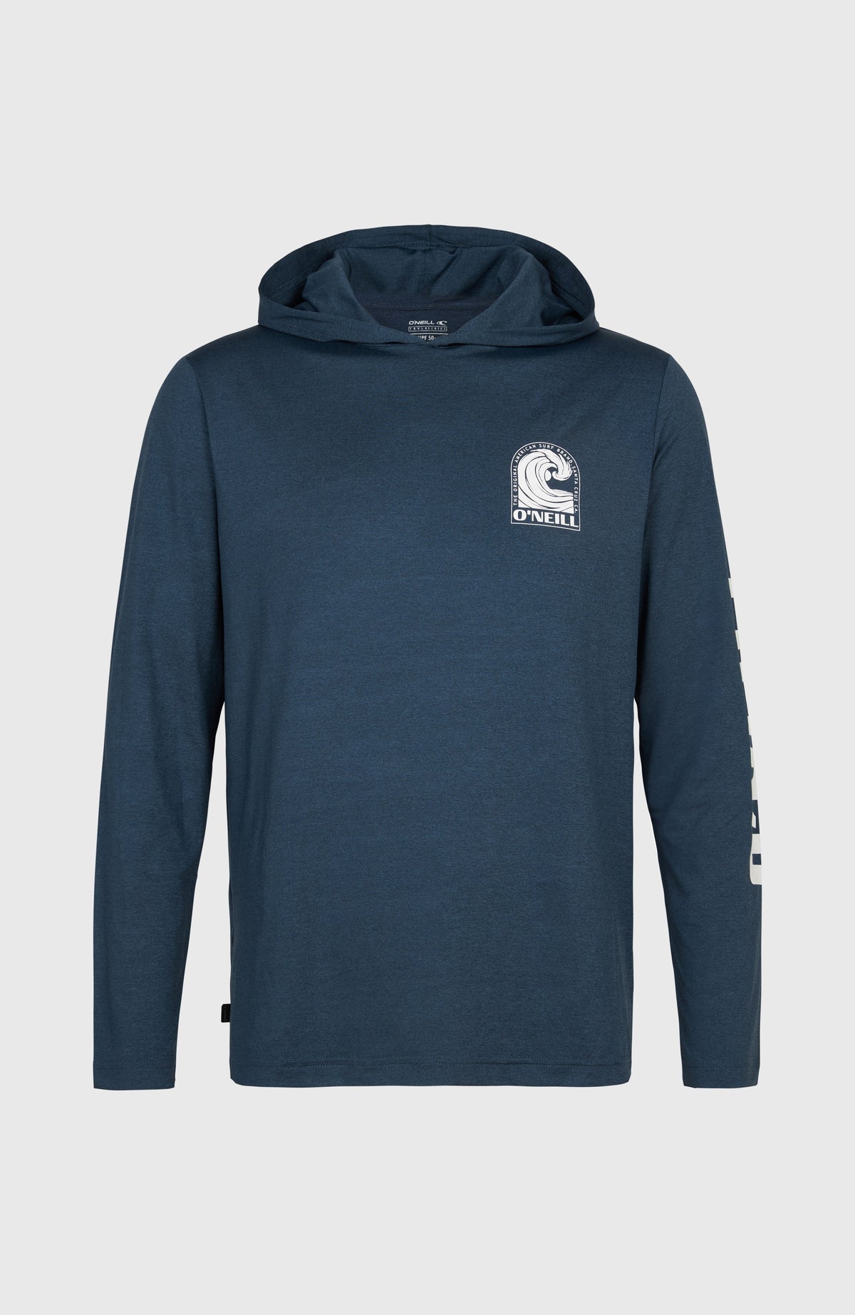 UPF Hoodie für Herren, blau mit Logo-Print in Weiß, freigestellt von vorne