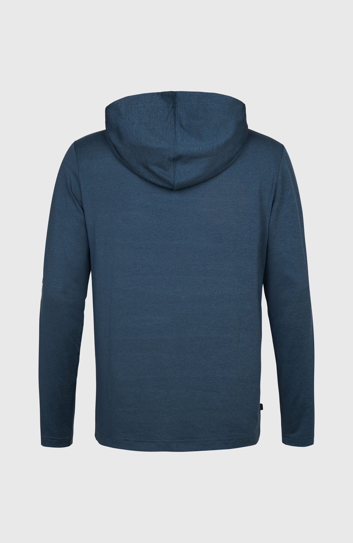UPF Hoodie für Herren, blau mit Logo-Print in Weiß, freigestellt von hinten mit Kapuze