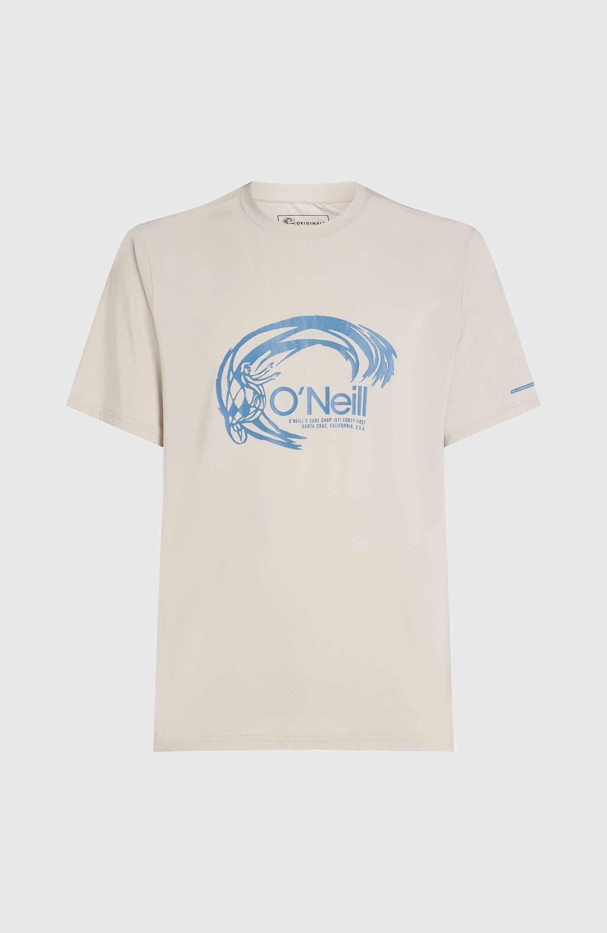 O'Riginals Hybrid UPF 50+ Graphic T-Shirt, beige mit Grafik-Print in Blau, flach liegend von vorne