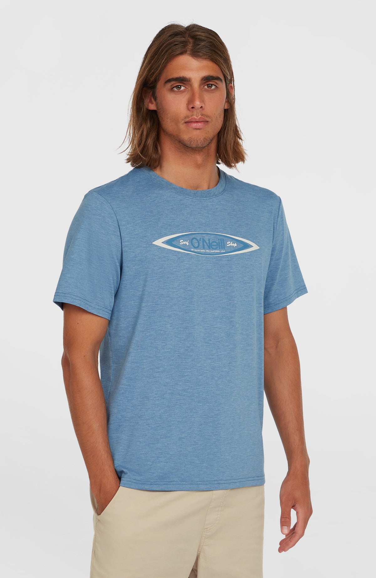 O'Neill O'Riginals Hybrid Polygiene Graphic T-Shirt für Herren, blau mit Logo-Print in Weiß und Blau, am Model